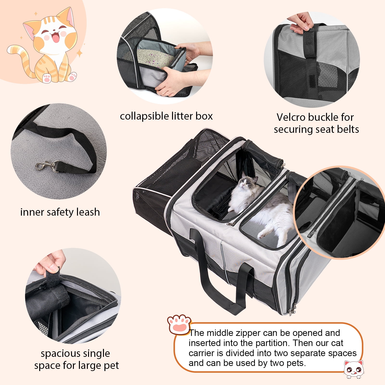 LitaiL Cat Carrier for 2 Cats, 2-in-1 Double Pet Carrier with 2 Litter Boxes, Portable Soft Sided Dog Carrier for Traveling, Gray - Image 3