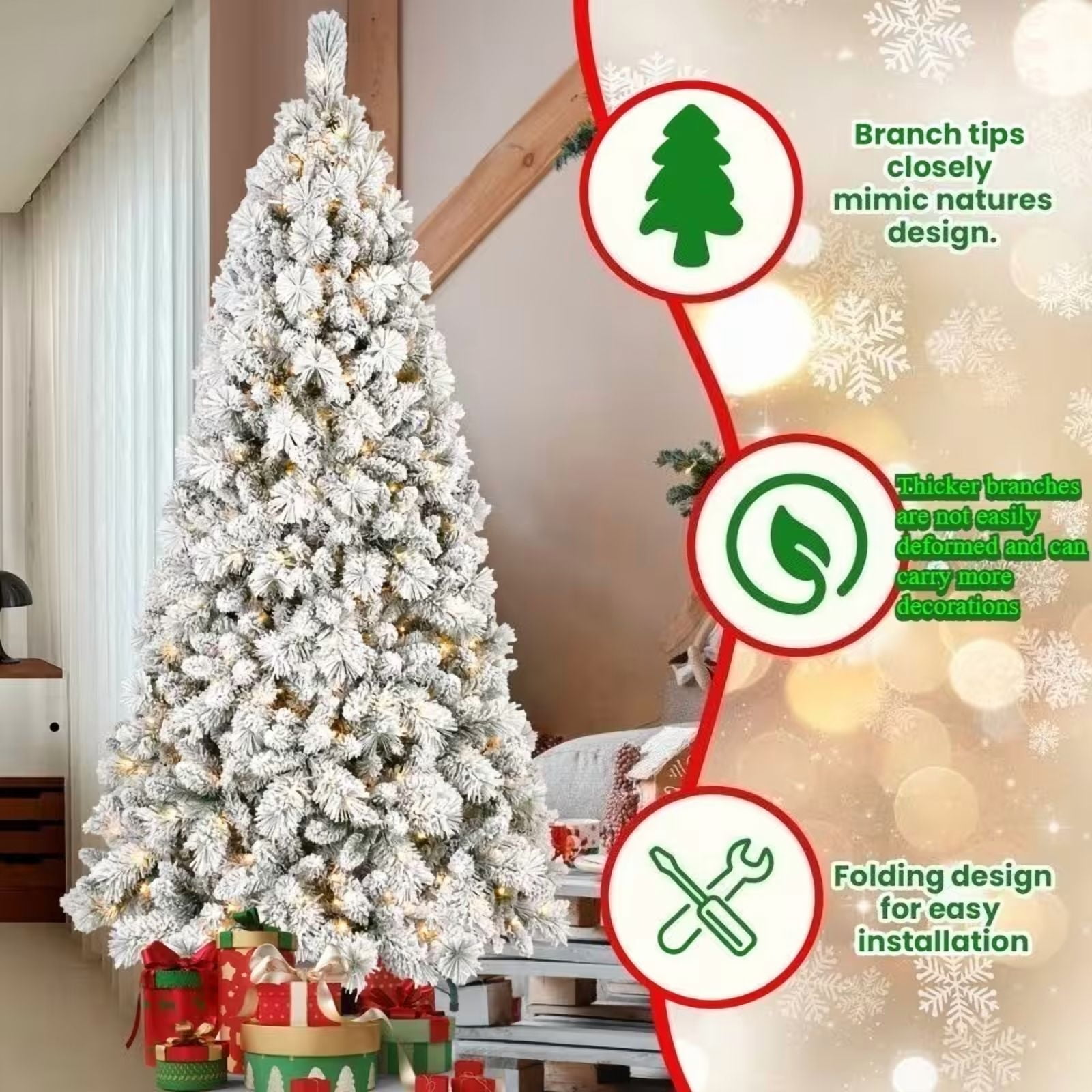 Bilivry 6ft Snow Flocked Christmas Tree with 1150 Premium Branches and Foldable Metal Base for Home Office Holiday Party Indoor Outdoor Decoration - Image 3