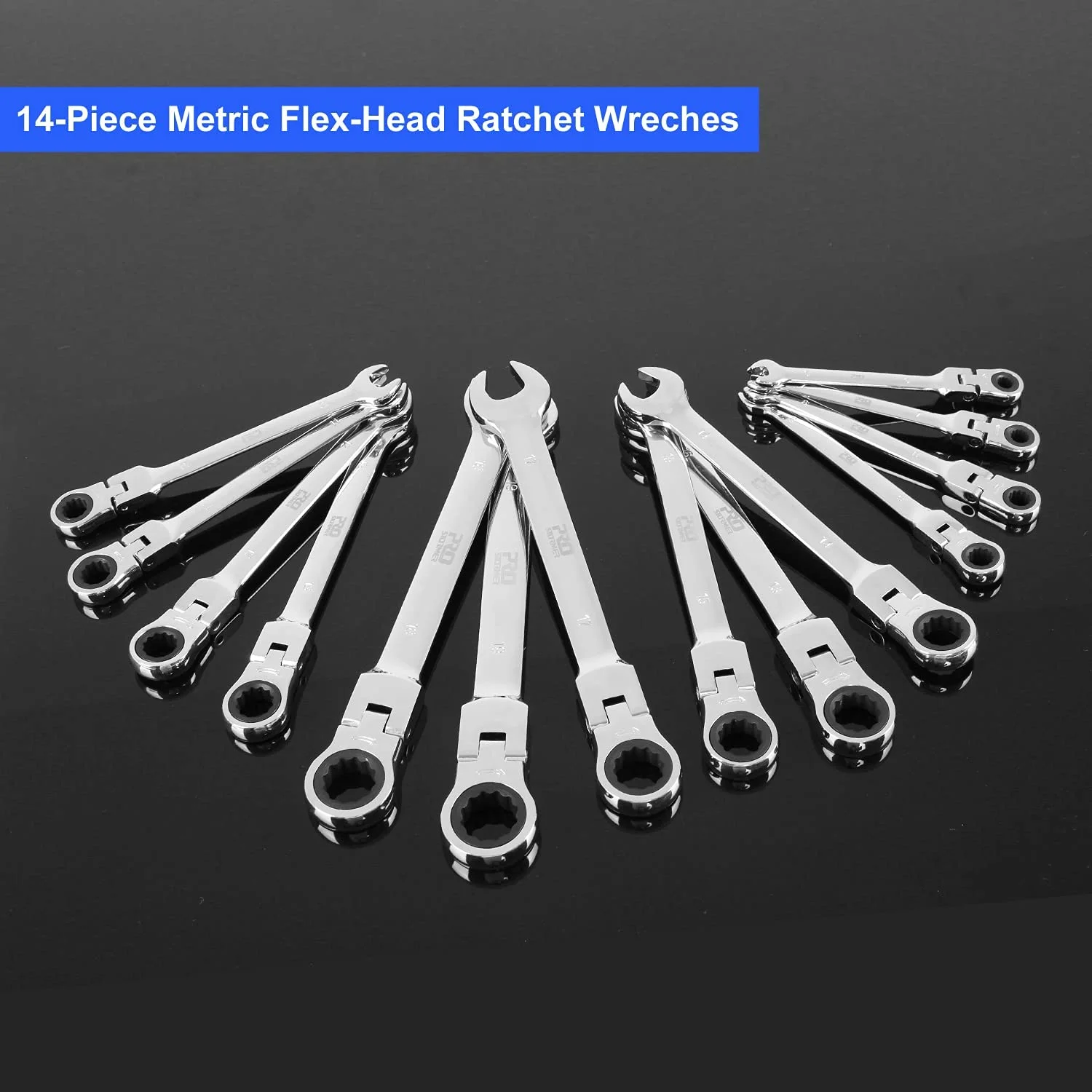 PRO 14-Piece Flex-Head Ratcheting Wrench Set, 6-19cm Metric Chrome Vanadium Steel Ratchet Wrenches, Combination Ended Spanner Kit with Storage Case - Image 9