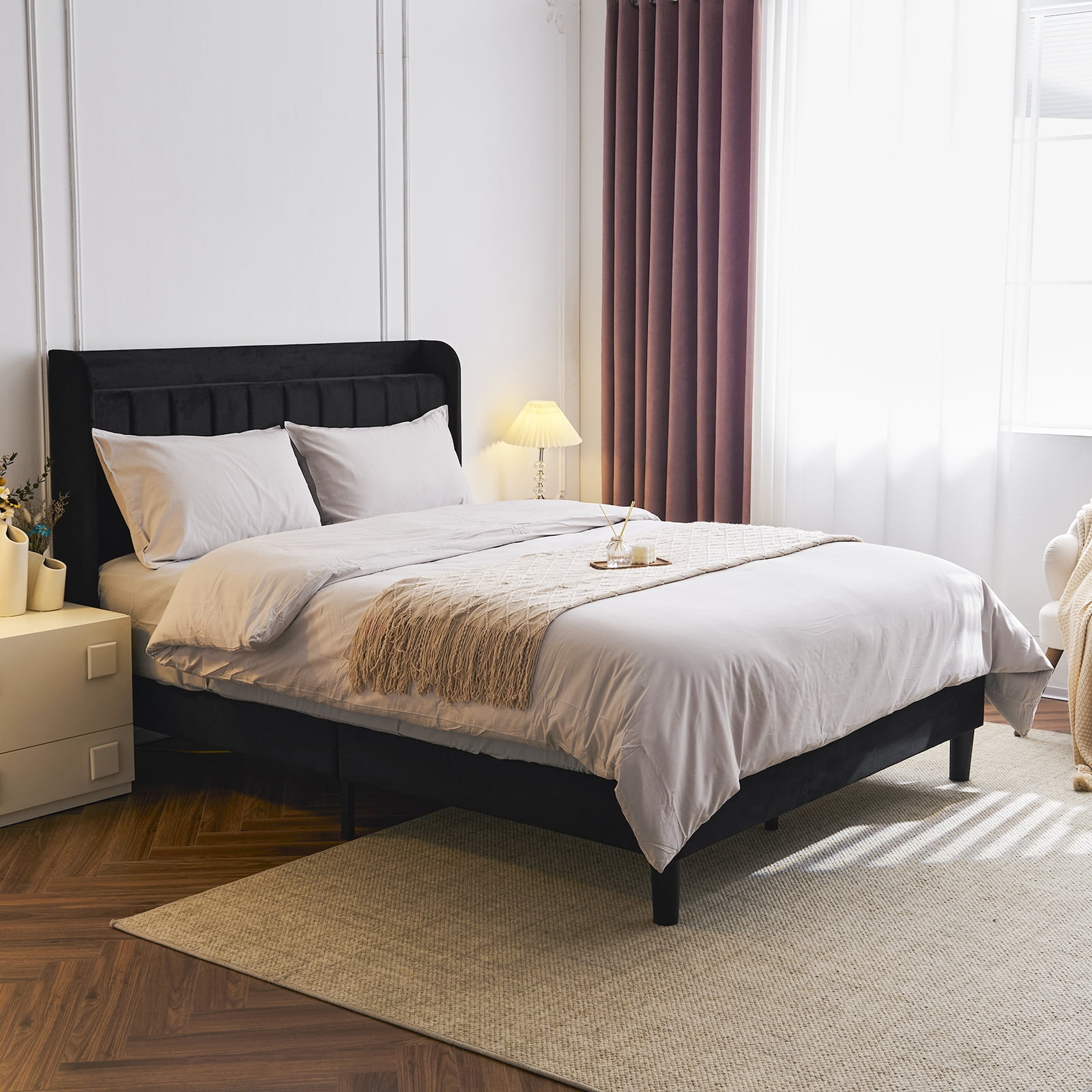 Ktaxon Full Platform Bed Frame with USB Charging, Upholstered Bed, Wingback Headboard/No Box Spring Required/Wood Slat Support/Easy Assembly/Black - Image 7