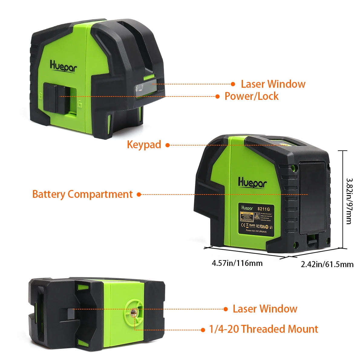 Huepar Cross Line Laser Level Green Beam Self-Leveling Laser Leveler Tools with 2 Plumb Dots 8211G - Image 8