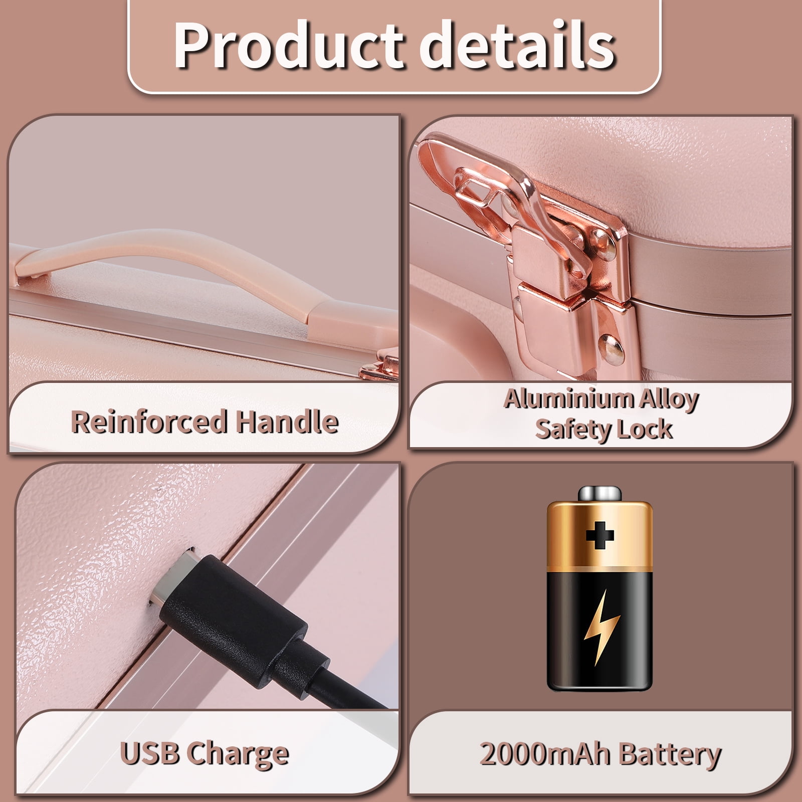 ZXMT 15" Pink Makeup Train Case with Mirror & Light & Jewelry Organizer Cosmetic Case Box with Brushes Board - Image 7