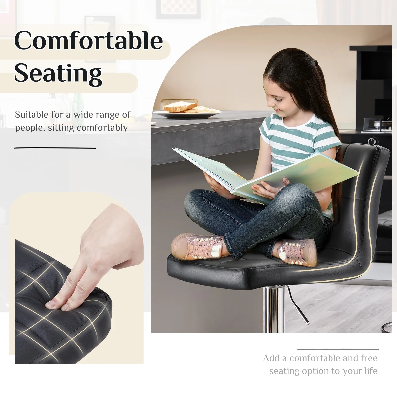 JIOABL Bar Stools Set of 2, Armless Adjustable Swivel Barstools, PU Leather Hydraulic Kitchen Counter Height Bar Stools, Thickened Seat Cushion Square Island Barstools with Back, Black - Image 7