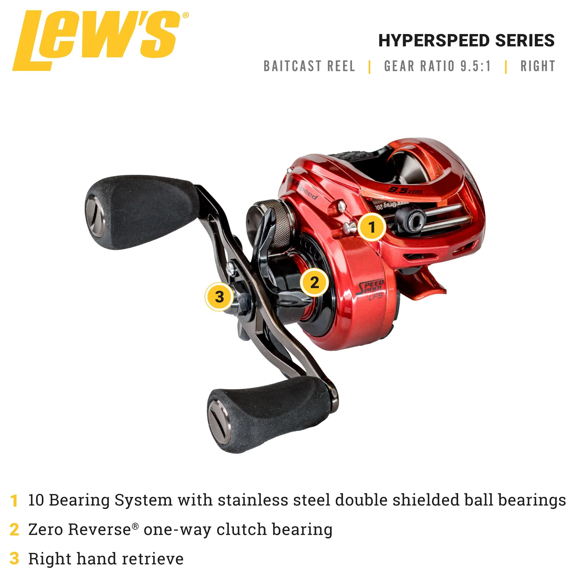 Lew's HyperSpeed Series Casting Reel, 9.5:1 Gear Ratio, Right-Hand Retrieve, Red - Image 5