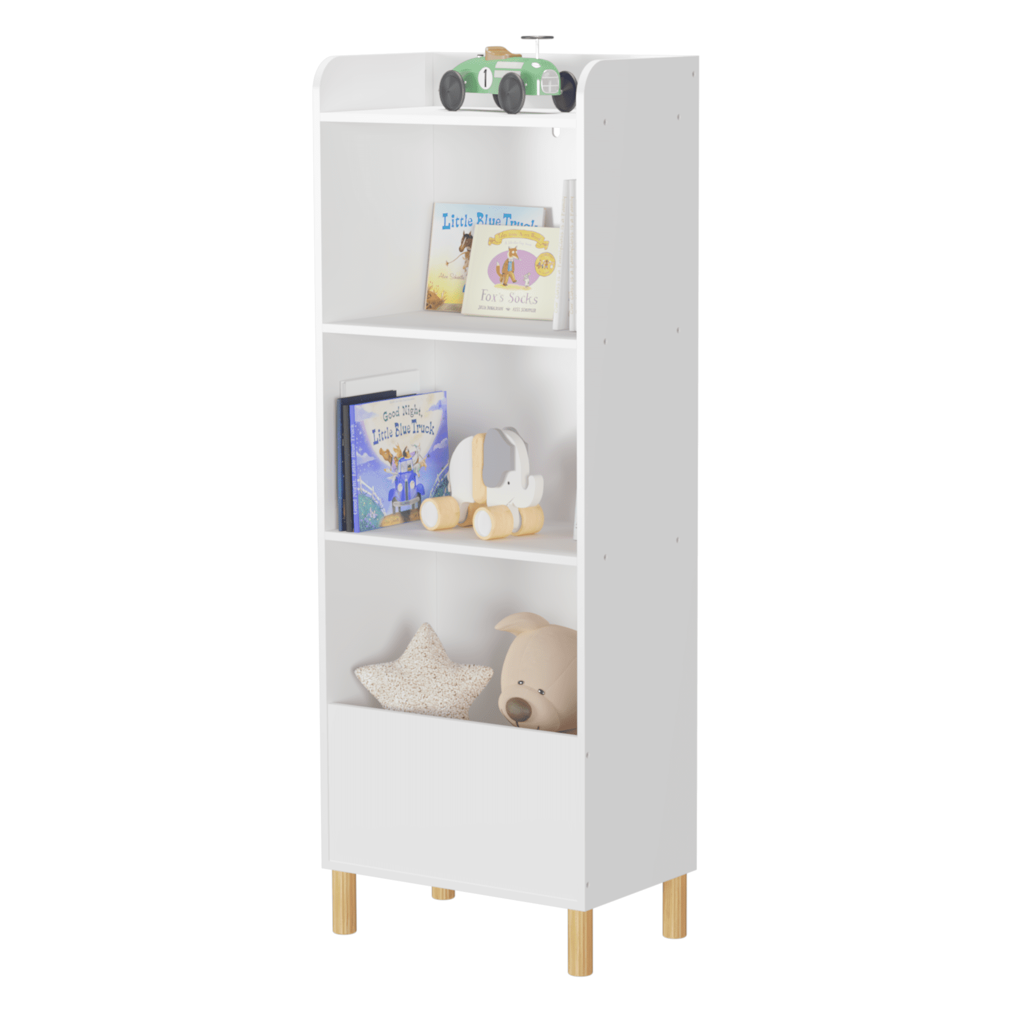 PORKISS 4 Tier Bookshelf for Kids, Wooden Kids Bookcase with Toy Storage, Modern Toy Organizer for Bedroom, Playroom, Nursery, White - Image 6