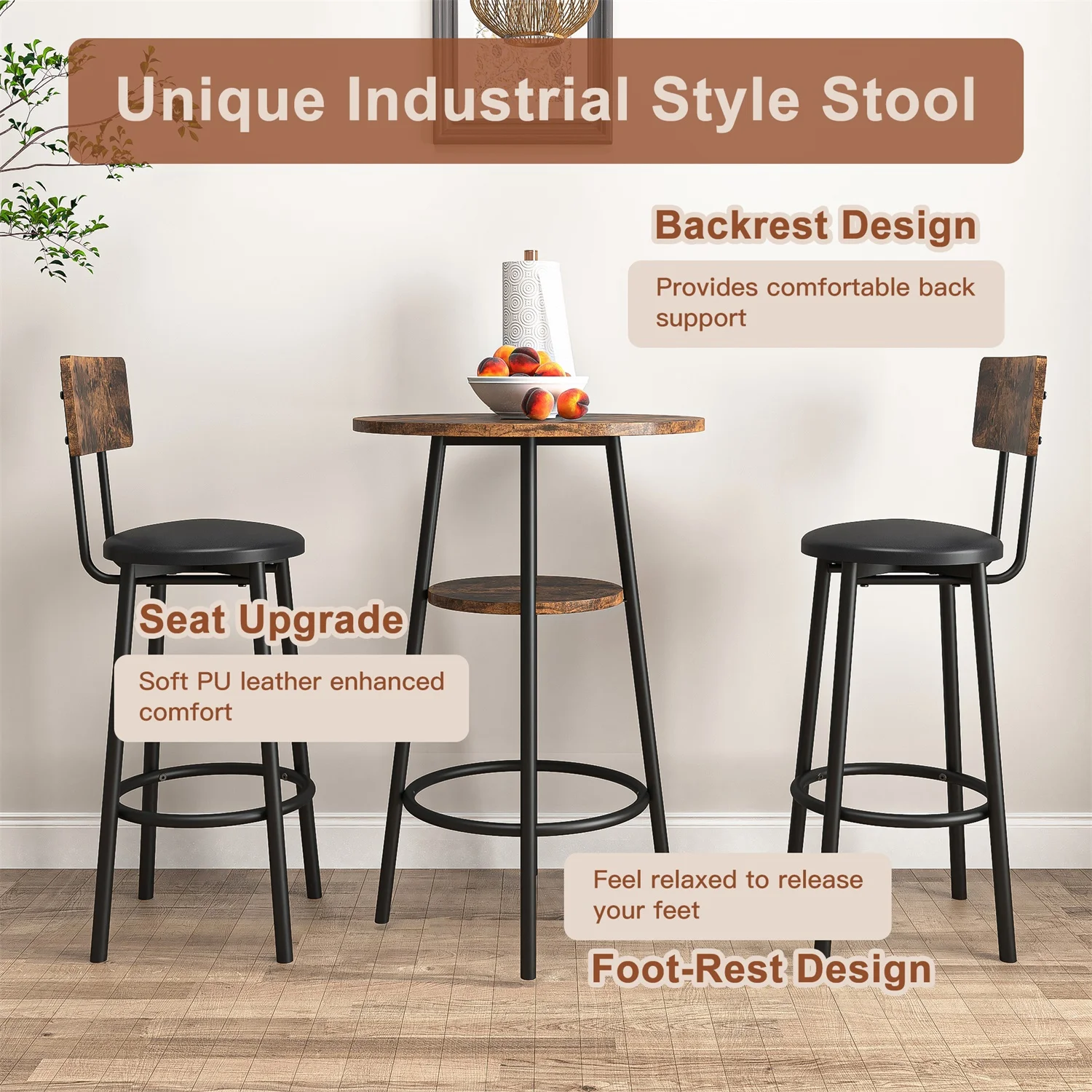Hommoo 3-Piece Dining Round Table and Chairs Set, Industrial Bar Table Set Kitchen Table and 2 Stools on Breakfast Nook, Rustic Brown - Image 5