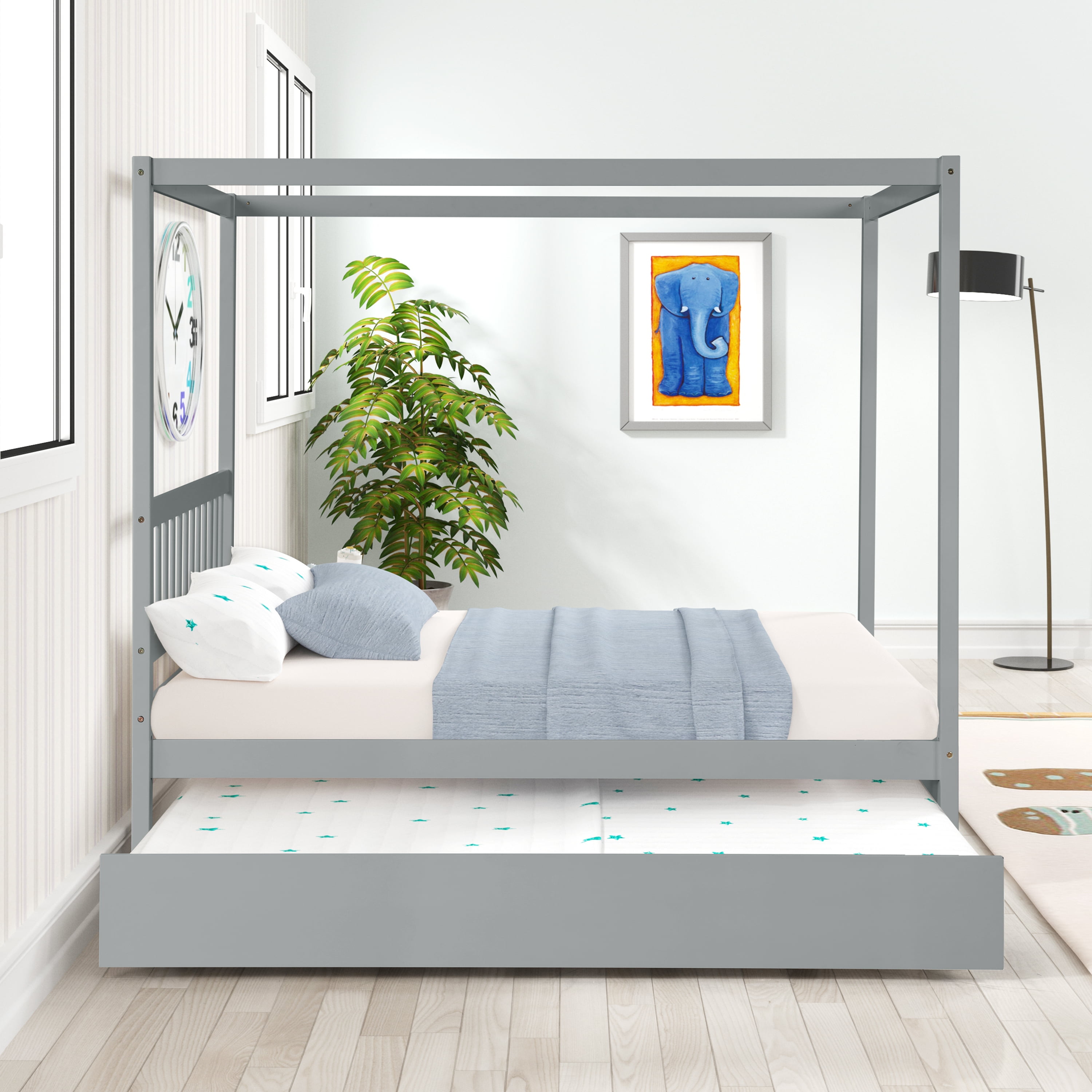 Miniyam Full Size Modern Canopy Bed with Trundle, Gray - Image 2
