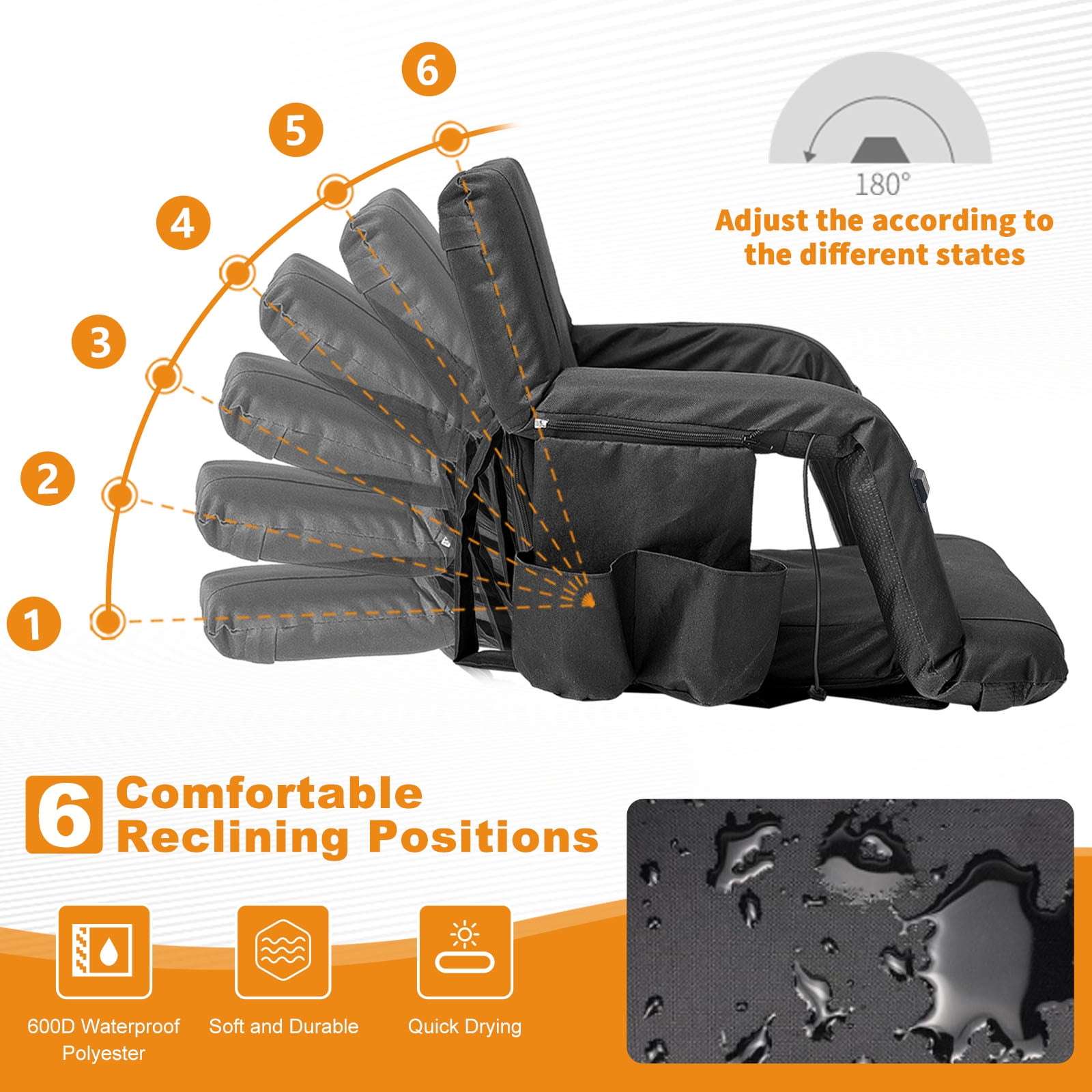 MOPHOTO 21IN Double Heated Stadium Seat Bleacher Seat with Back & Arm Support, Portable 6 Reclinng Positions Stadium Seating for Bleachers, Bleacher Seats for Sports Events, Outing, Travelling - Image 3