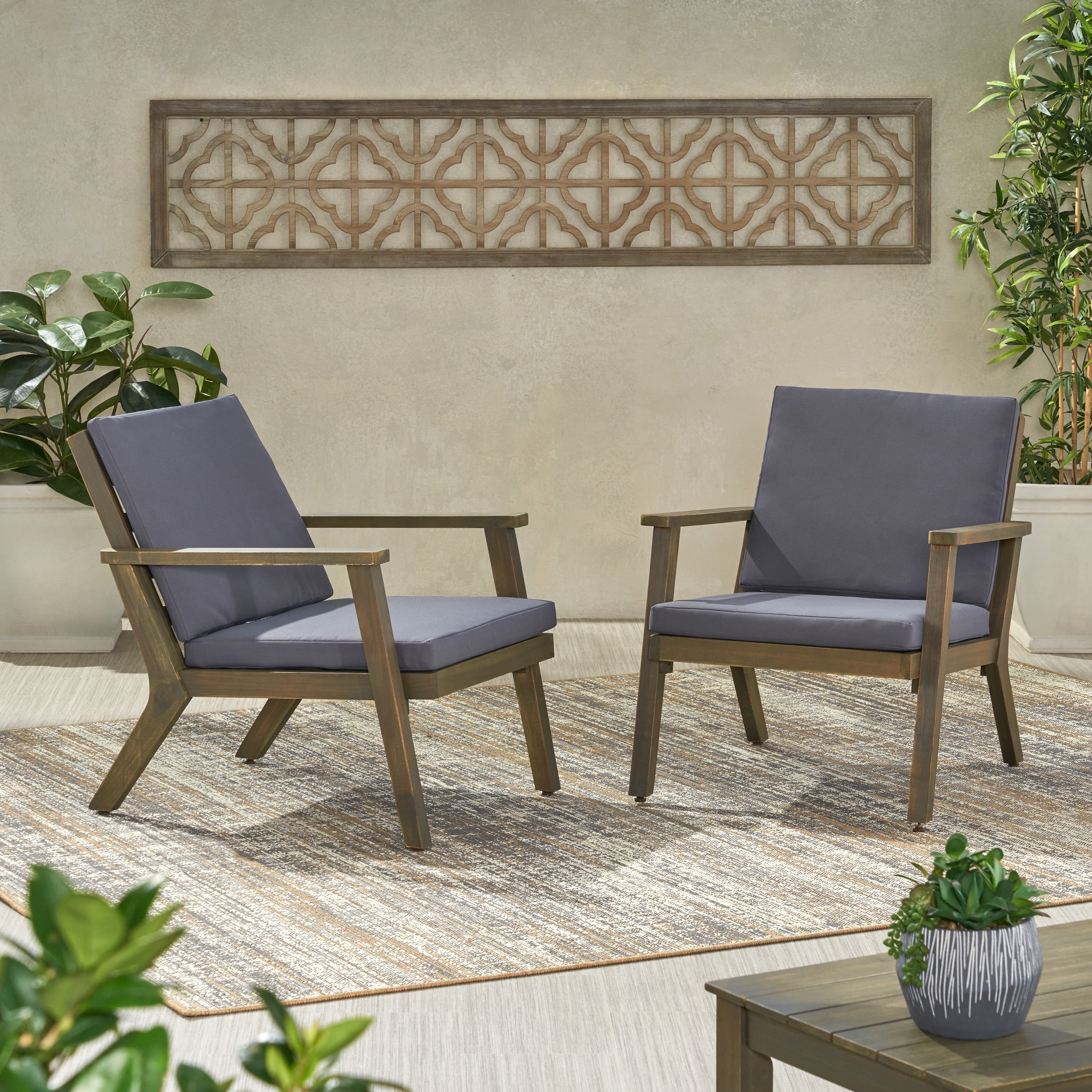 Sasha Outdoor Acacia Wood Club Chairs with Cushions, Set of 2, Gray, Dark Gray - Image 7