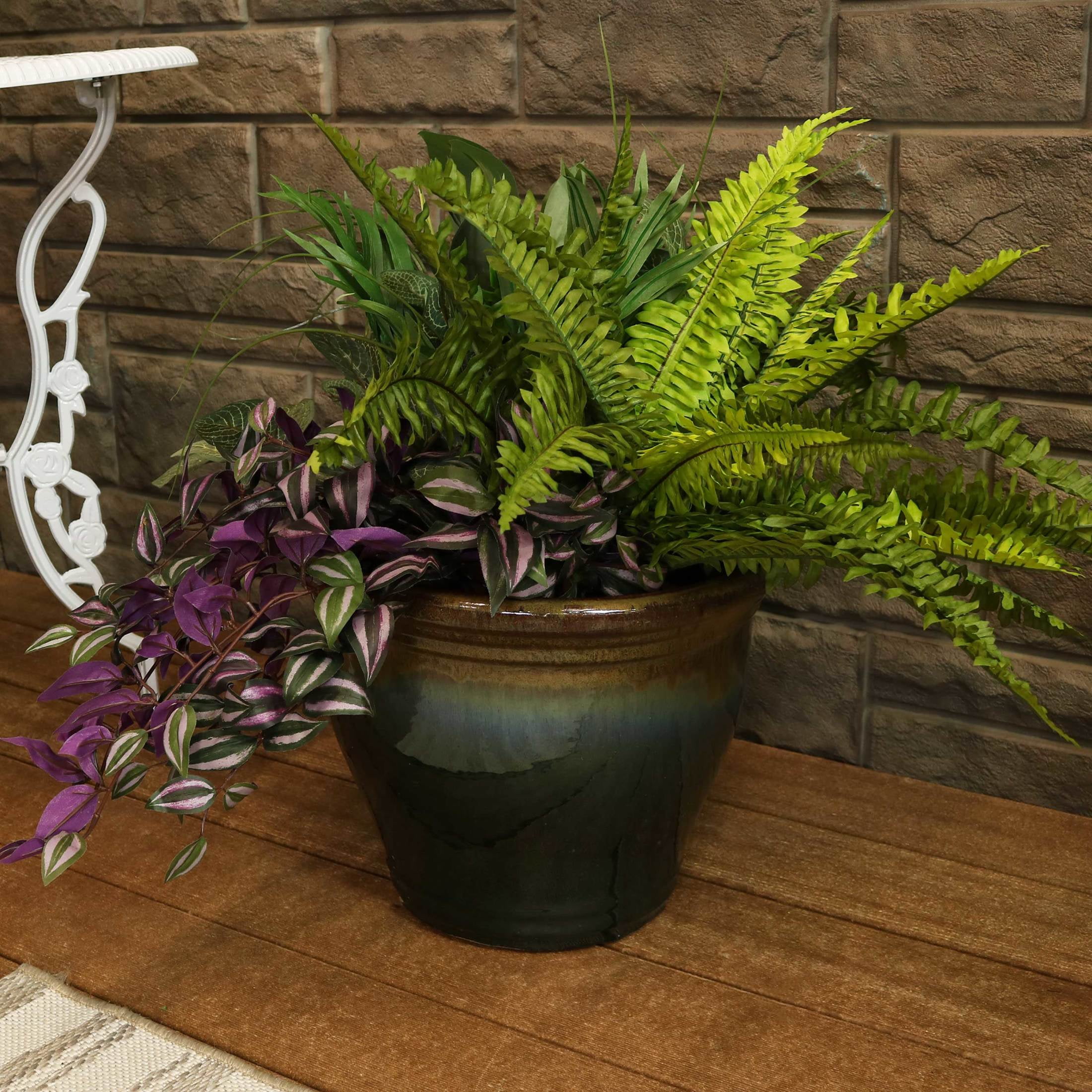 Sunnydaze Studio 15" x 15" x 12.5" Round Forest Lake Green Ceramic Outdoor Planter - Image 10