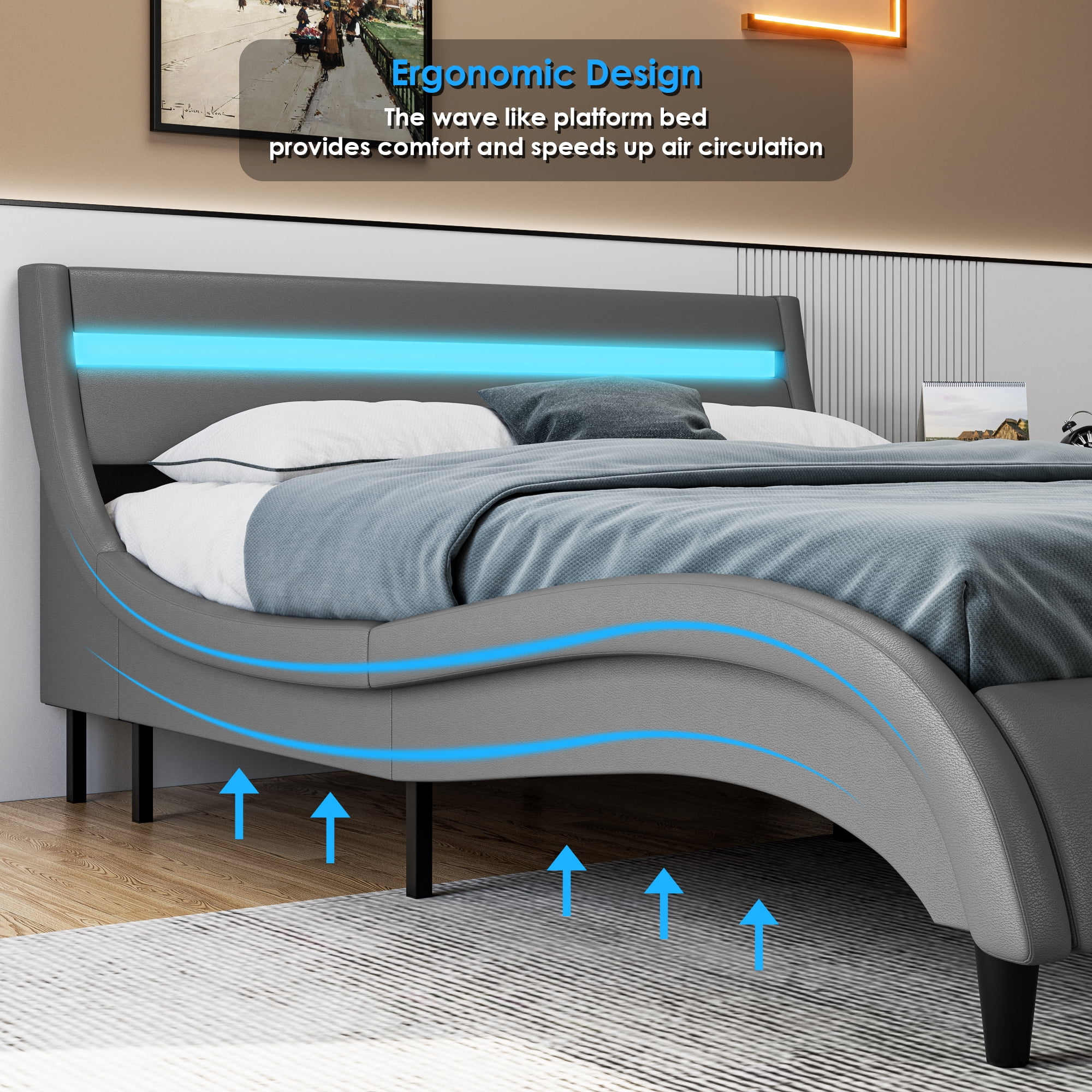 Homfa Queen Size Led Bed Frame, Upholstered Platform Bed with 16 Color Led Headboard, Gray - Image 3