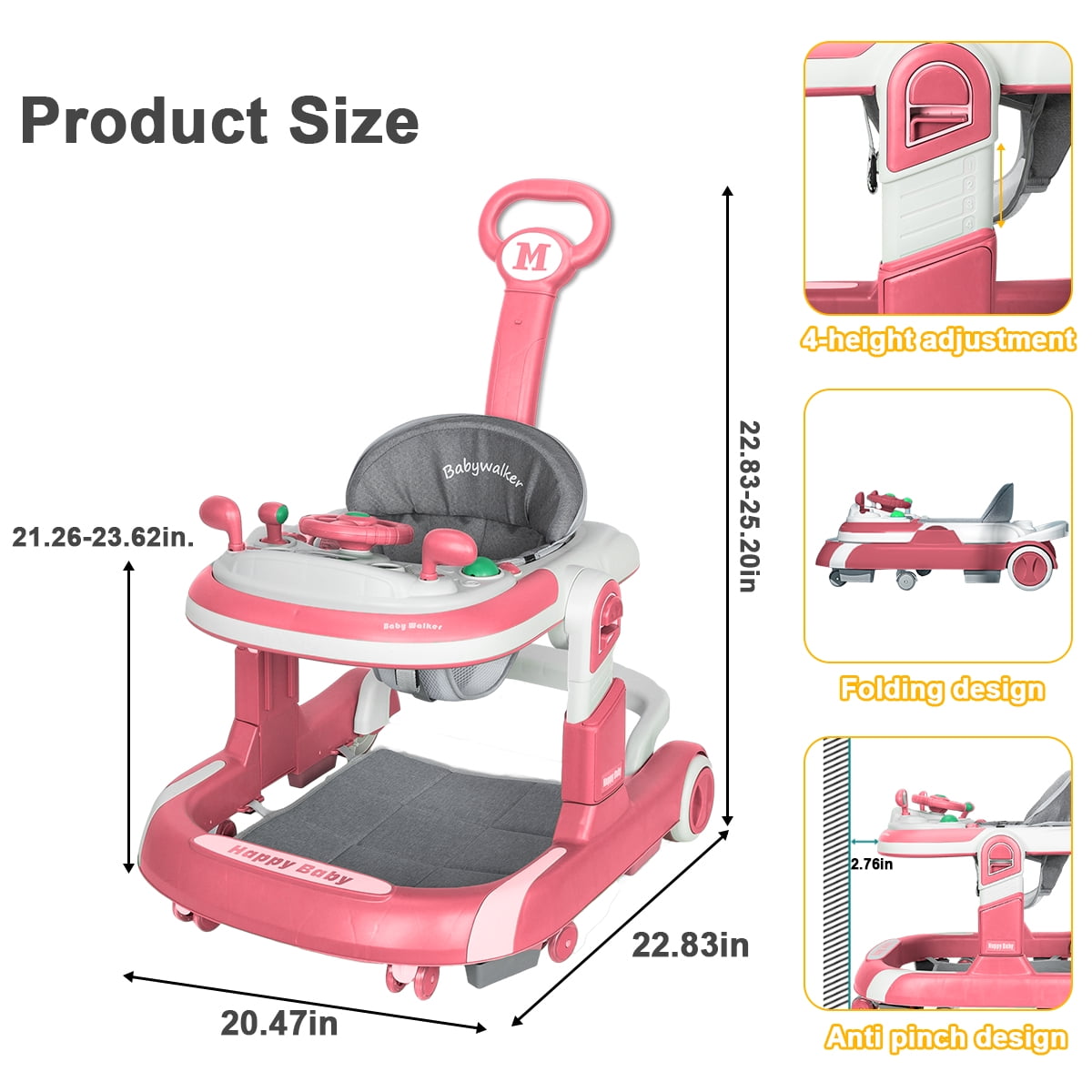 AJONALAA 4-in-1 Musical Infant Baby Walker with Wheels, Push Walker for Girls Boys, Red - Image 6