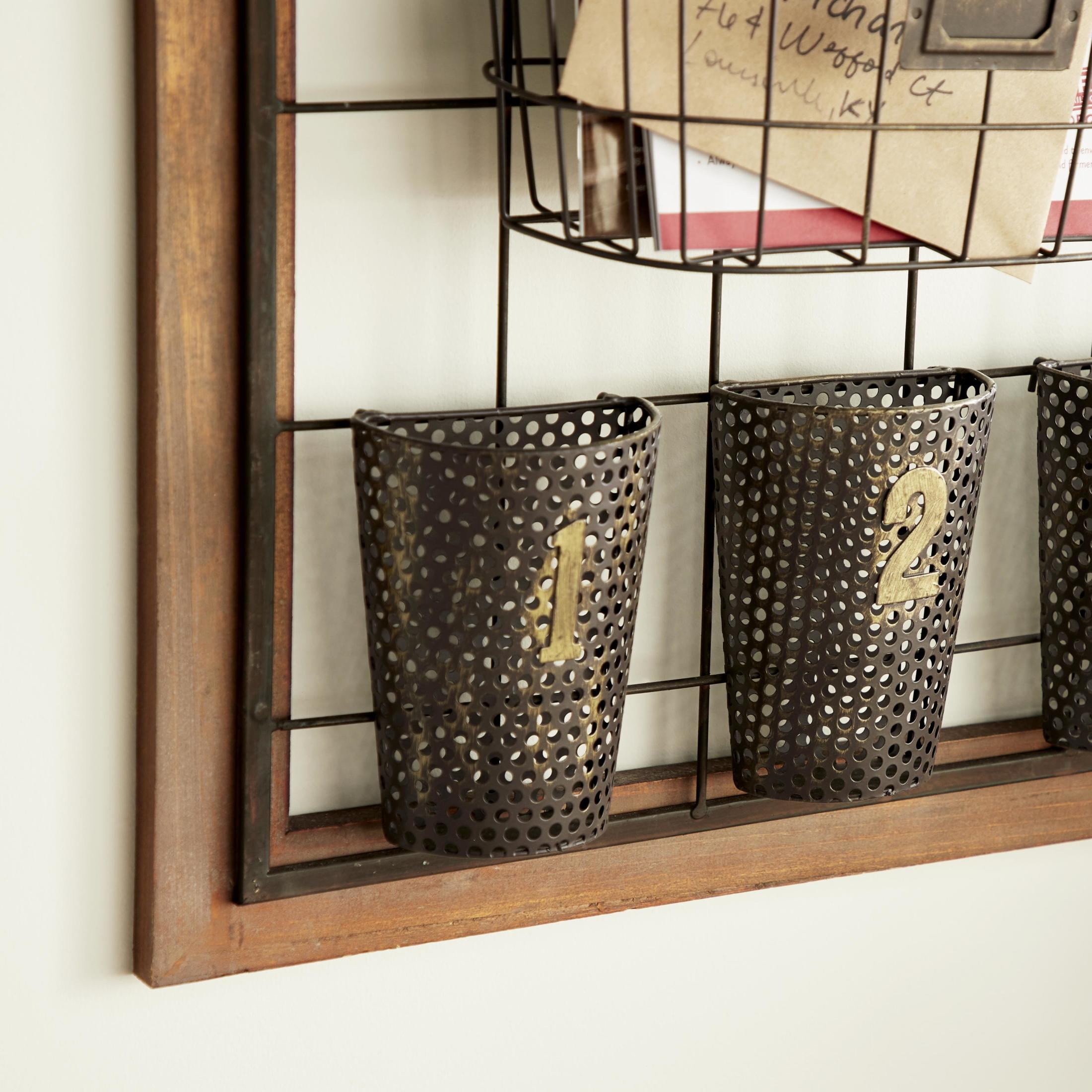 DecMode 32" Brown Metal Wall Storage Magazine Rack Holder with Suspended Baskets and Wood Frame - Image 8