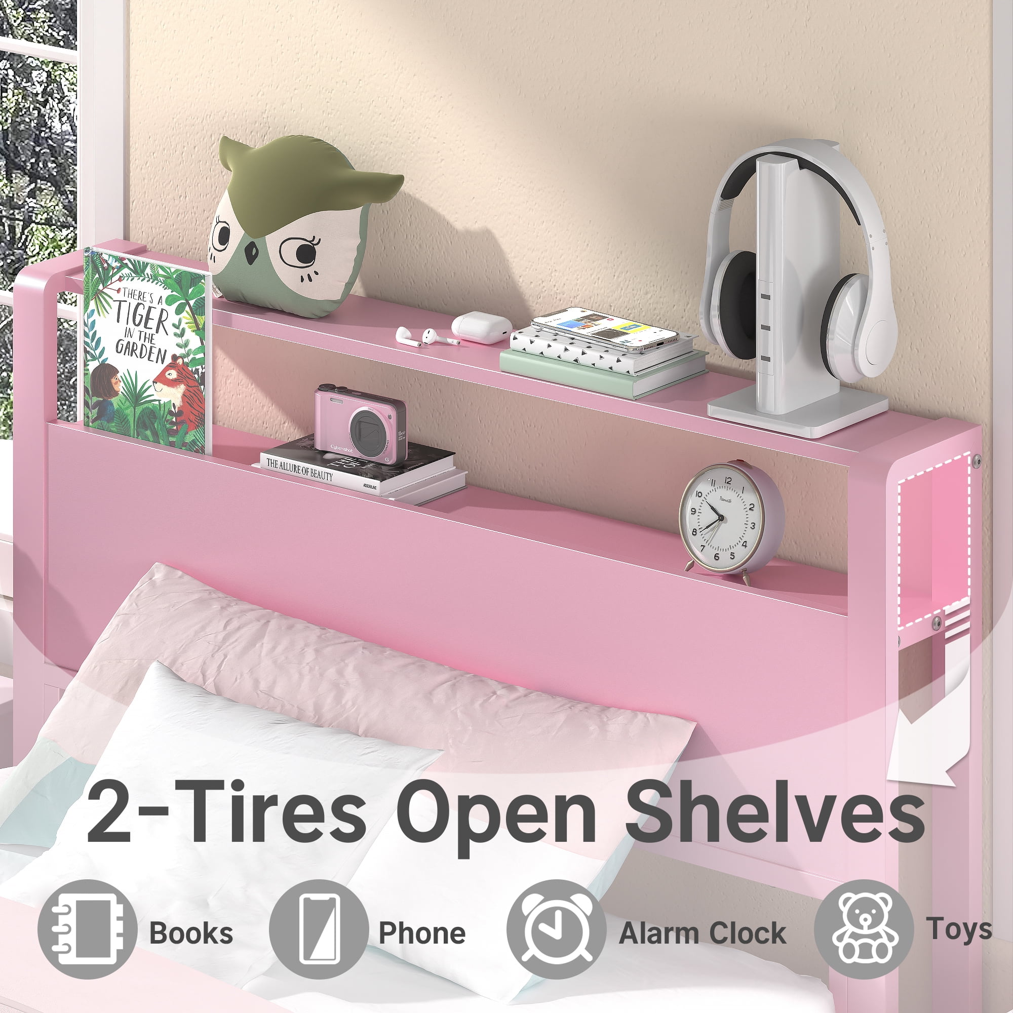 Yoneston 12" Twin Metal Bed Frame with 2-Tire Storage Headboard for Girls, Heavy Duty Platform Bed Frame Bedroom Furniture, Pink - Image 2