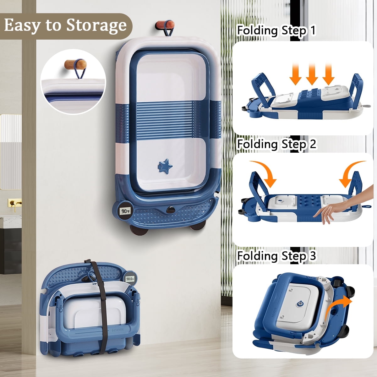 Foldable Baby Bathtub Portable Infant Baby Bath Tub with Thermometer and Shower Hole(Blue+ Pad) - Image 7