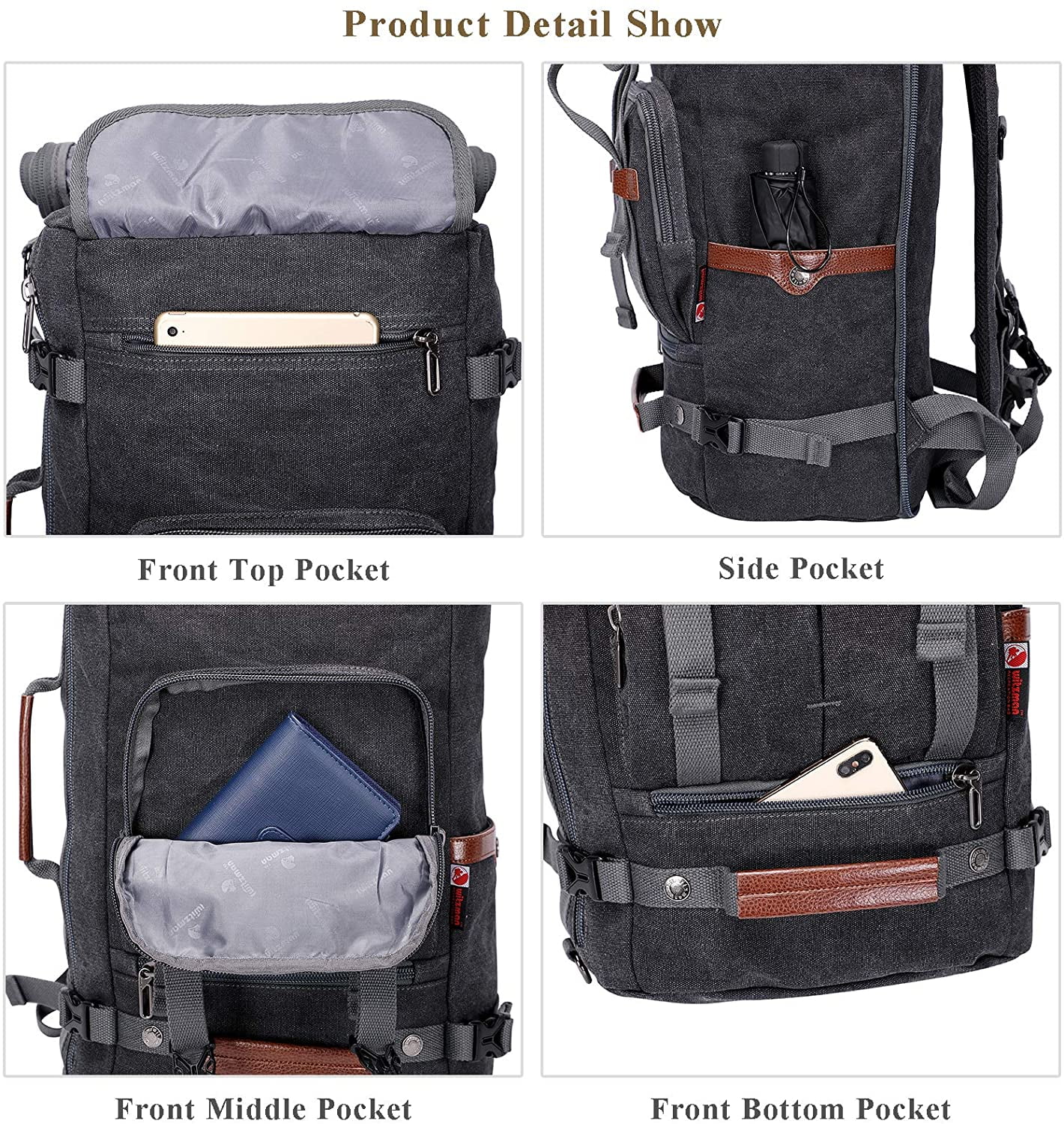 WITZMAN Travel Backpack for Men Large Canvas Backpack Luggage Carry on Duffel Bag A519-1 Black - Image 3