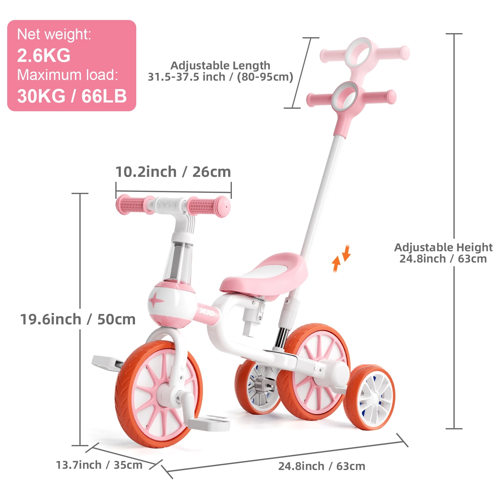 XJD 7-in-1 Toddler Bike with Push Handle for 1 Year to 4 Years Old Kids, Toddler Tricycle Kids Trikes Tricycle, Gift & Toys for Boy & Girl, Balance Training, Removable Pedals - Image 4