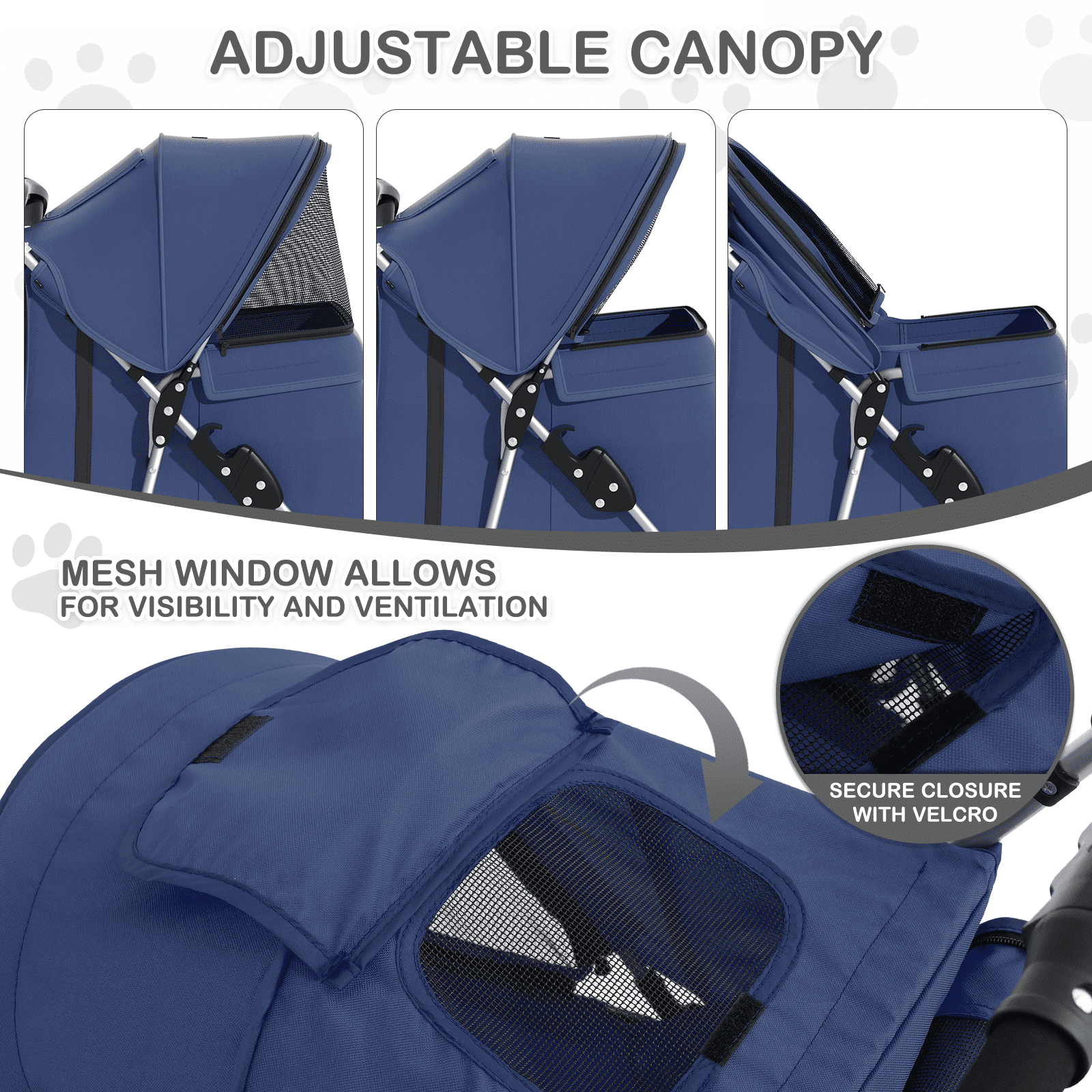 MoNiBloom 3 Wheel Folding Pet Dog Stroller, Foldable Lightweight Trolley with Storage Basket, Cup Holder and 360° Rotating Front Wheel for Small Medium Dogs, Navy Blue - Image 15