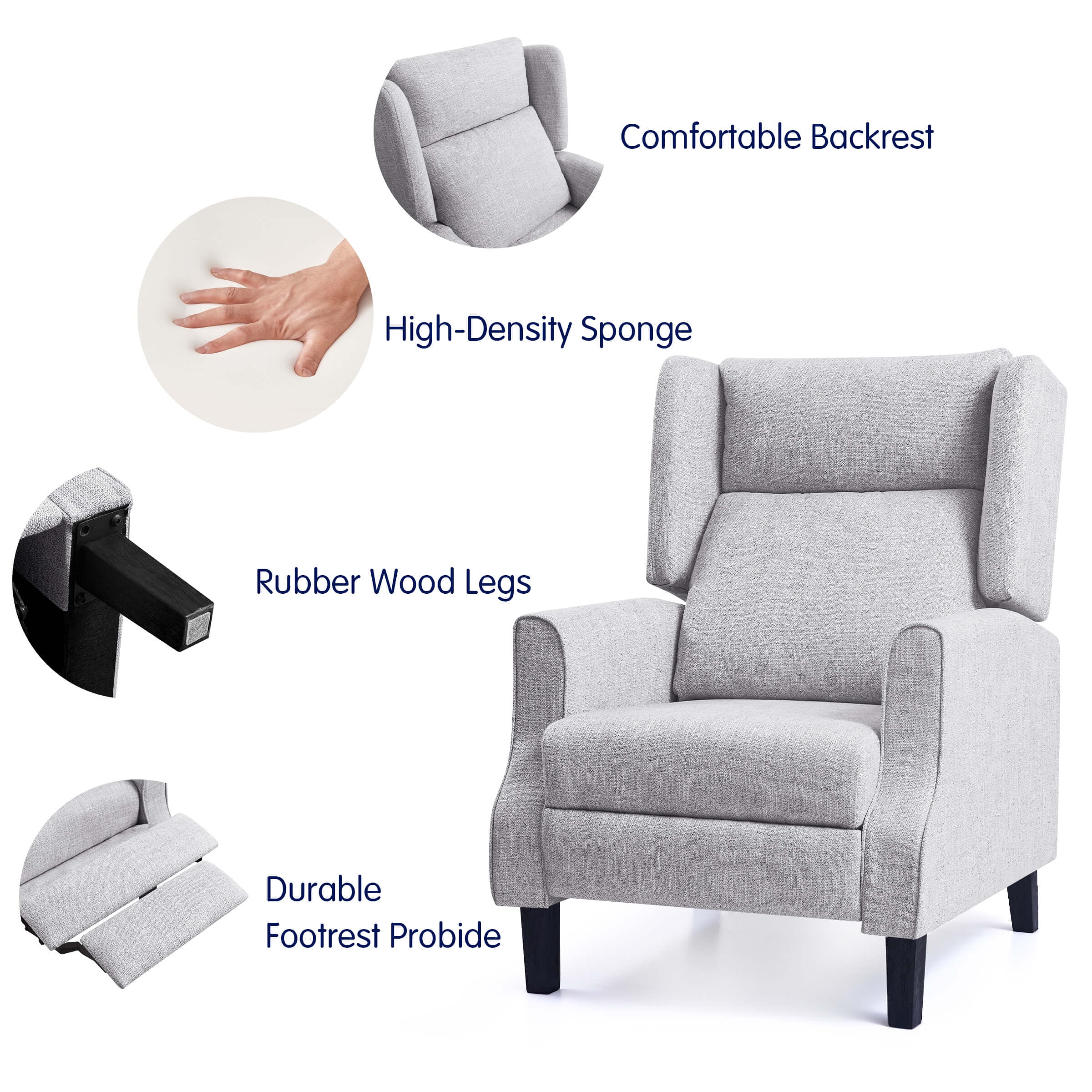 Subrtex Push Back Recliner Chair, Modern Upholstered Manual Wing Chair with Extending Footrest Linen Fabric Recliner Chair (1 PC, Gray) - Image 4