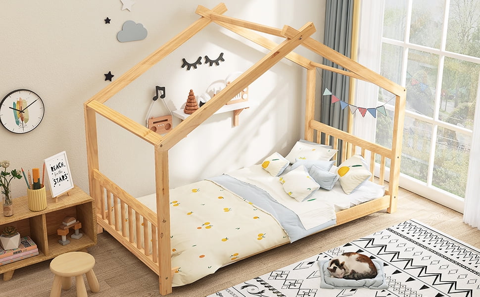 Euroco Wood House-Shaped Twin Platform Bed for Kids, Low Profile House Bed, No Box Spring Needed, Wood Color - Image 3
