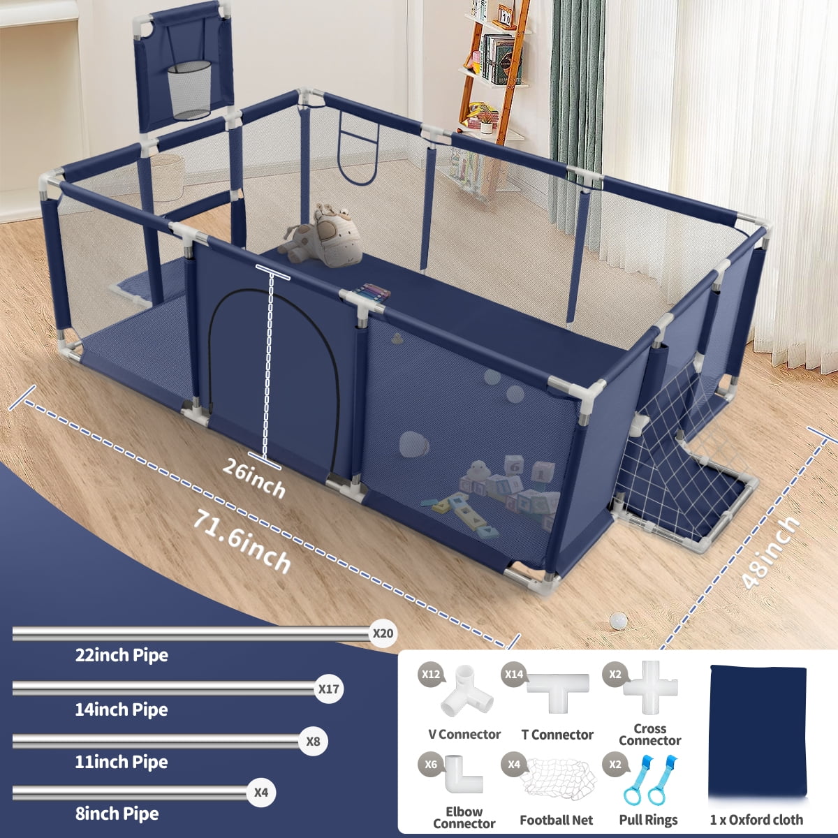 Baby Playpen, HDJ 71 inch Extra Large Baby Playard with Basketball Hoop and Breathable Mesh, Play Fence for Indoors Outdoors,Blue - Image 5