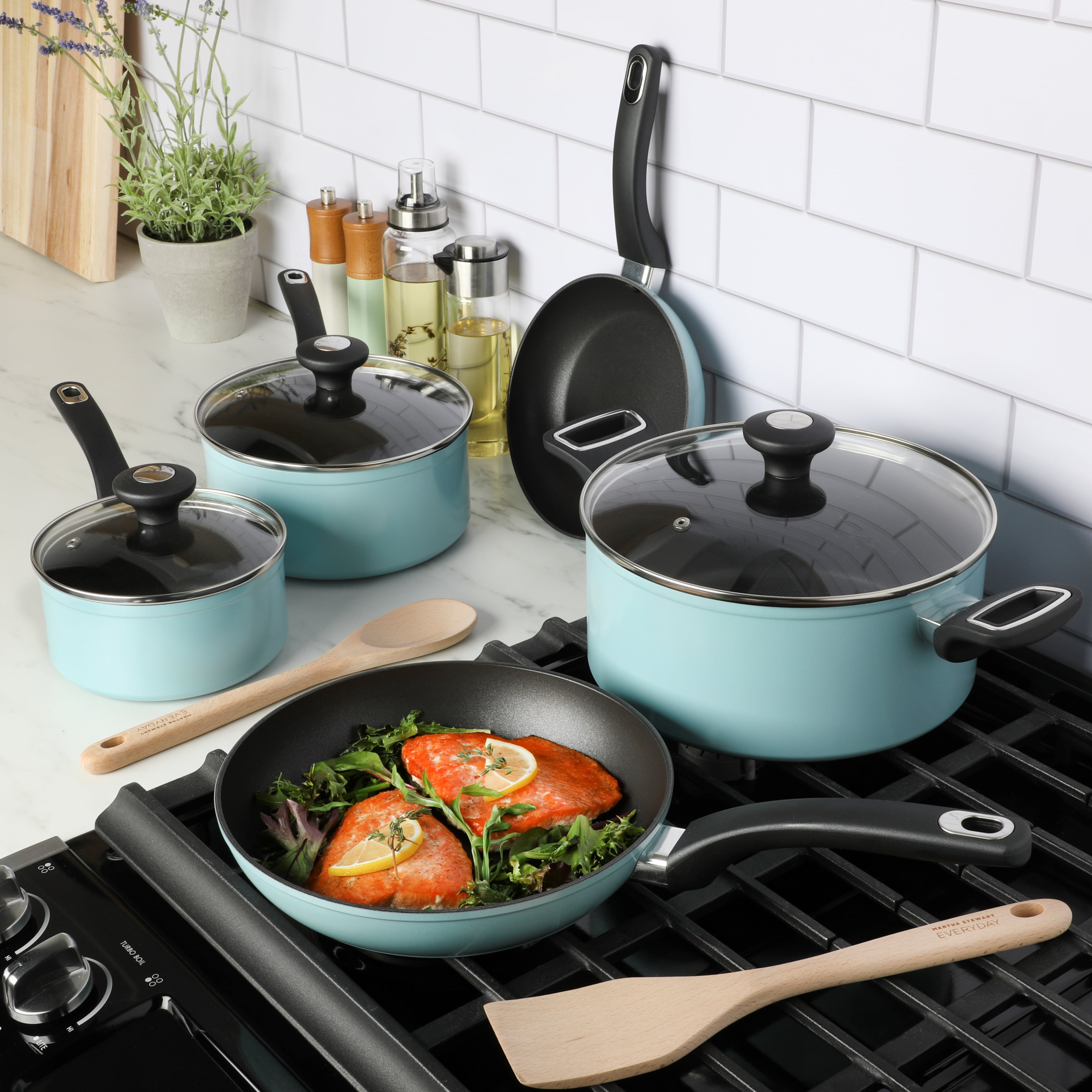 Martha Stewart Everyday Hearne 10-Piece Dusty Blue Enamel Aluminum Cookware Set - Image 4