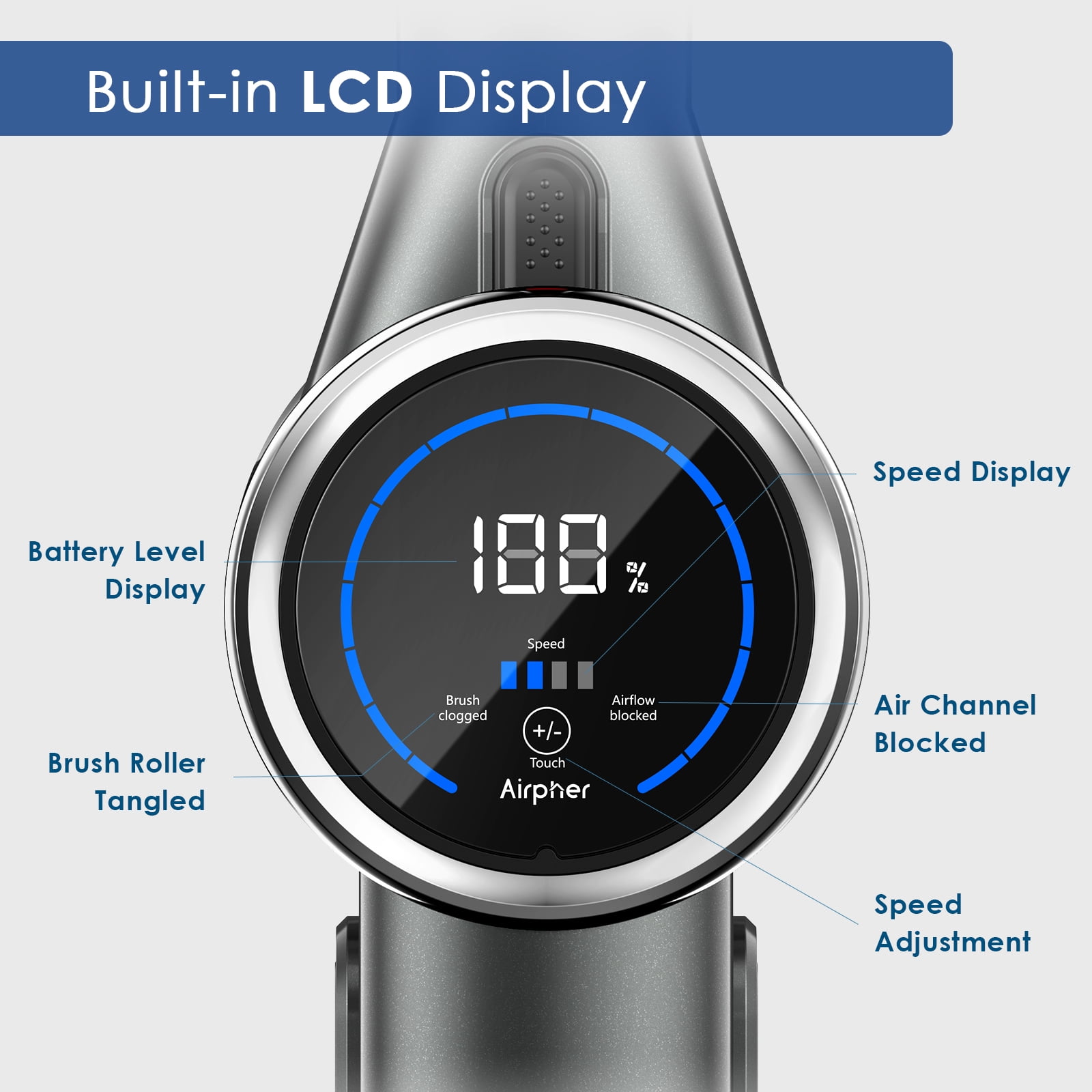 Airpher 3-in-1 Cordless Vacuum Cleaner with LED Display, Lightweight Vacuum Cleaner for Pet Hair Carpet Hard Floor - Image 6