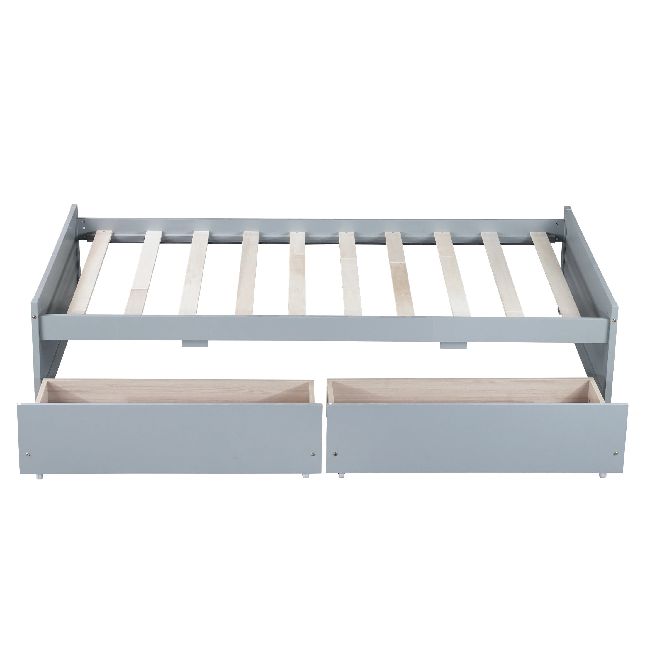PORKISS Twin Bed Frame, Solid Wood Platform Bed with 2 Drawers, Pine Wood Bed for Kids Teens Adults, No Box Spring Needed, Grey - Image 2