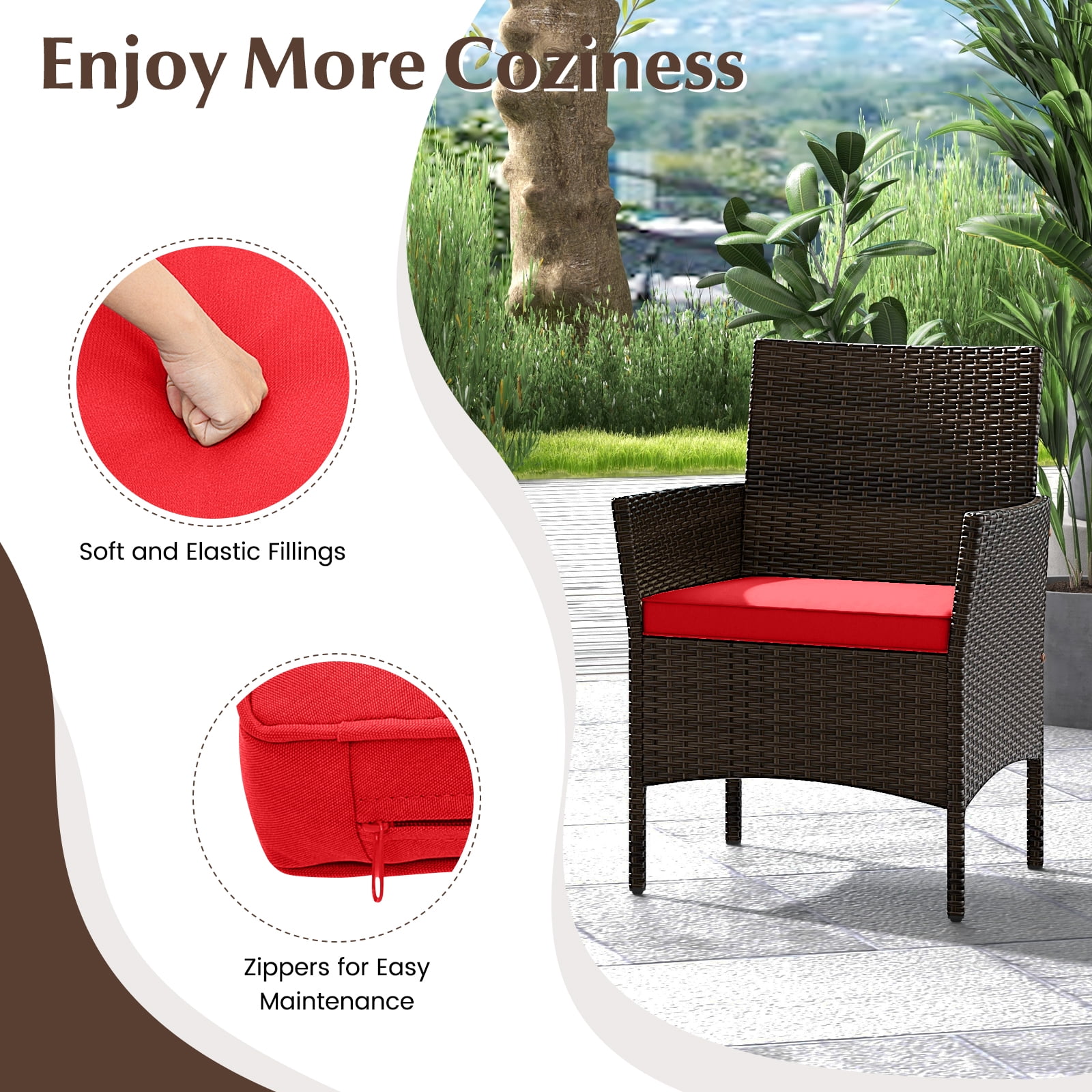 Gymax 4PCS Outdoor Furniture Set Patio Rattan Conversation Set w/ Red Cushion - Image 4