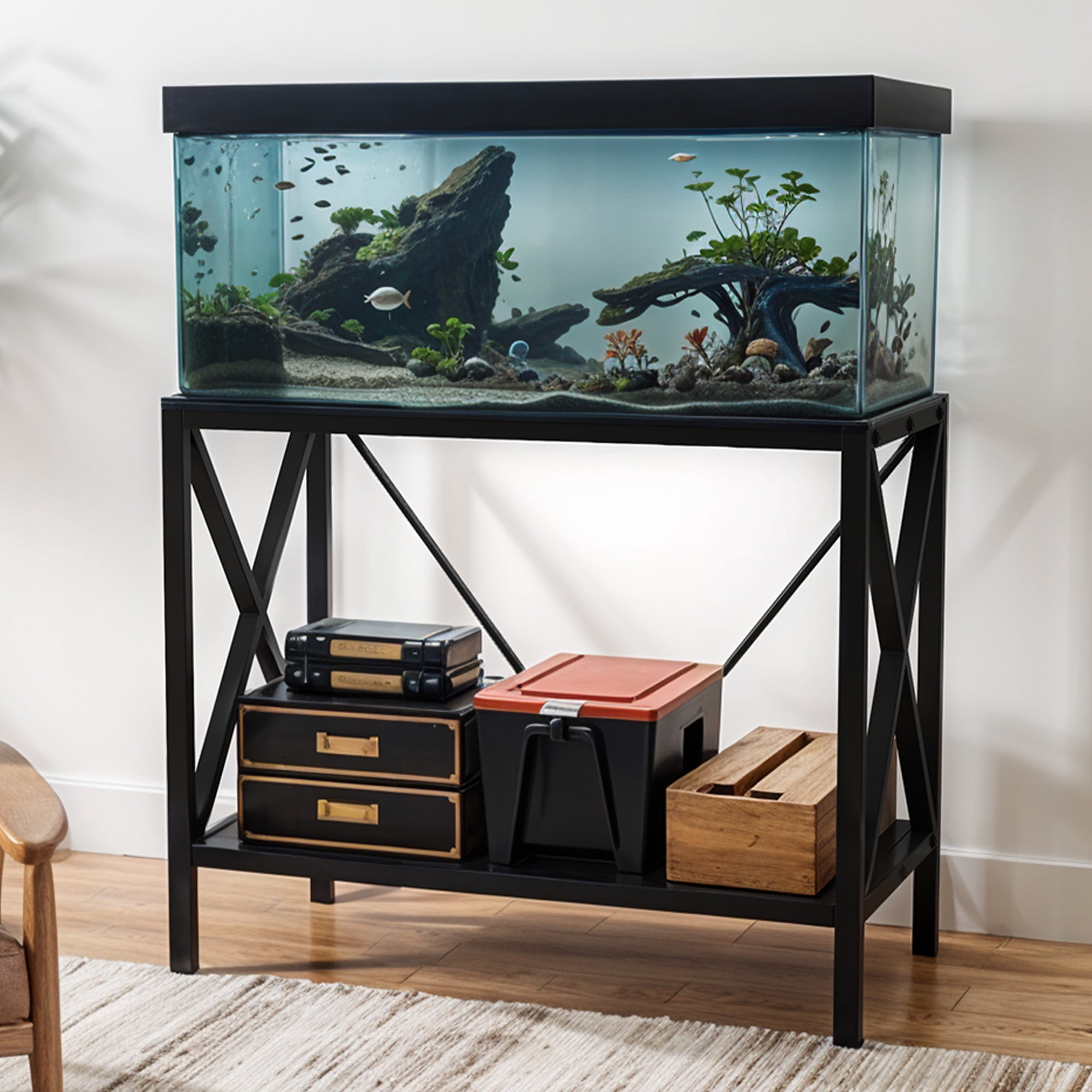 Uforic X-Shape 10-40 Gallon Double-Layer Storage Metal Fish Tank Stand, 500 Lbs Capacity, Black - Image 4