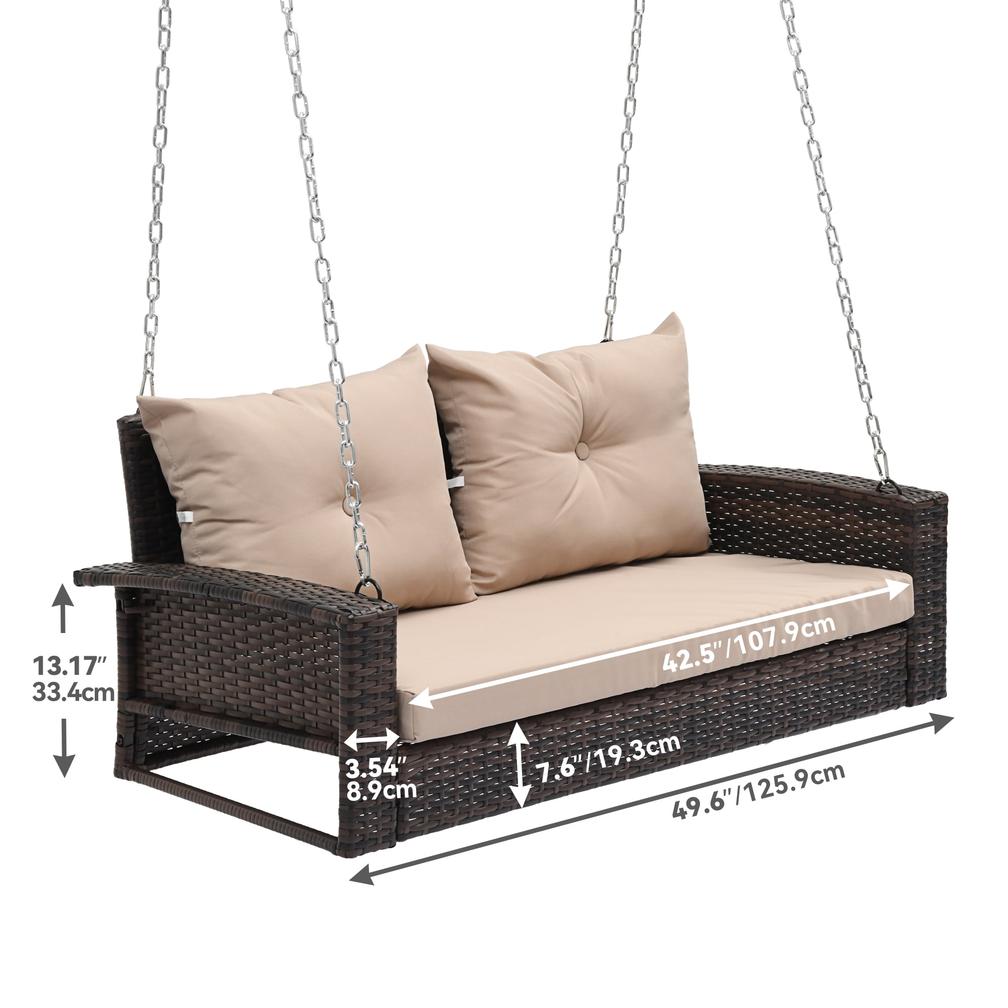 Dextrus Wicker Hanging Porch Swing Chair Outdoor Brown Rattan Patio Swing Lounge w/ 2 Back Cushions Capacity 530lbs for Garden, Balcony, Living Room, Beige - Image 4
