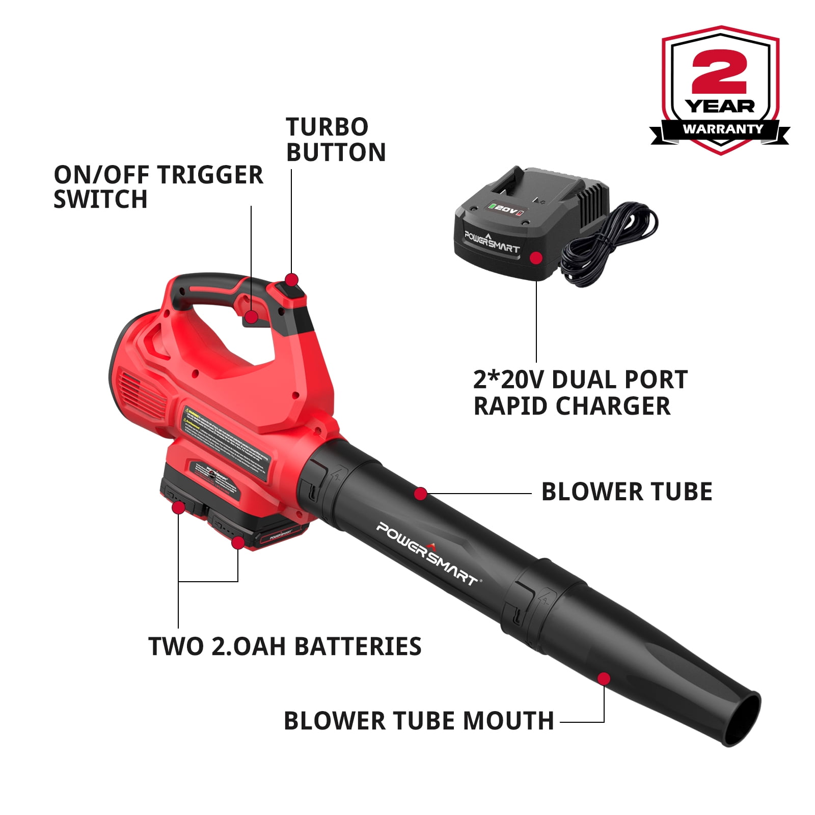 PowerSmart 40V Cordless Leaf Blower, 450 CFM 130 mph, Includes 2 x 2.0Ah Batteries & Chargers - Image 3