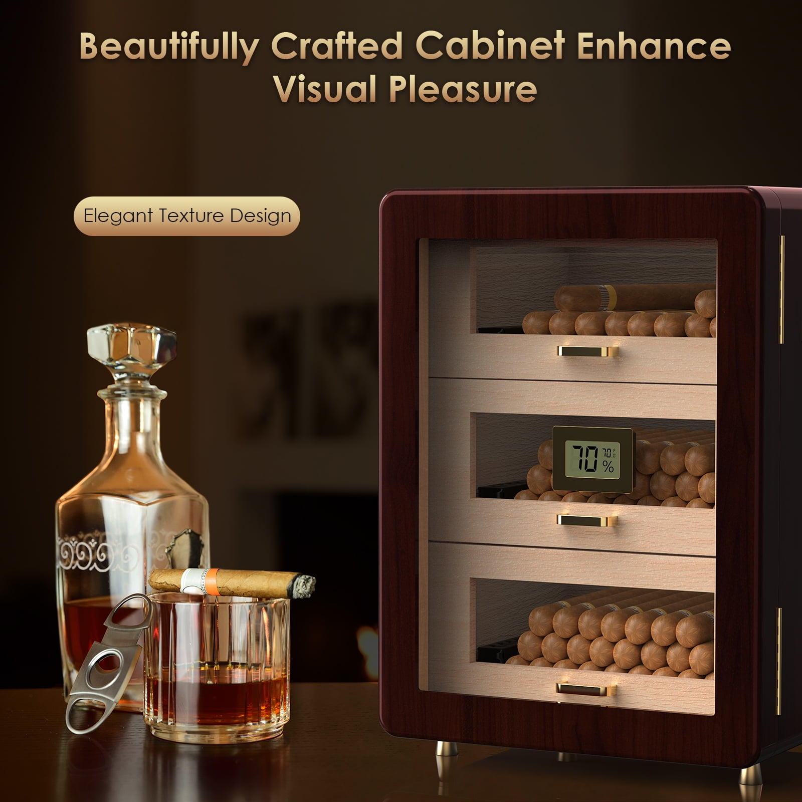 Rocita Cigar Humidor Cabinet for 100 to 150 Cigars with Spanish Cedar Lining, Tight-Seal Magnetic Door, 3 Large Capacity Drawers, Gift for Cigar Lovers - Image 9