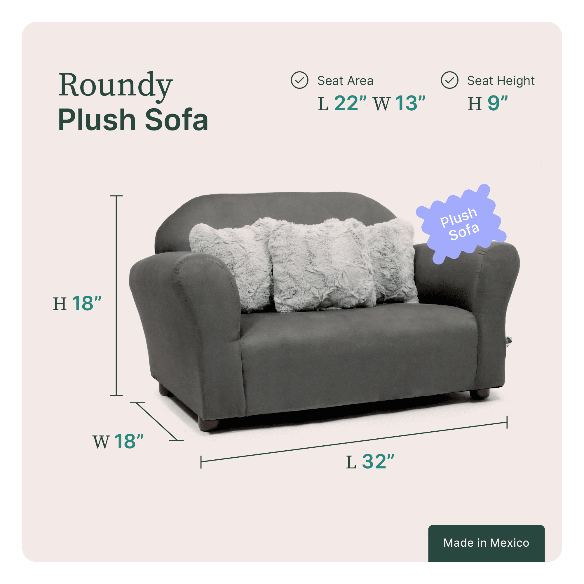 Plush Keet Children's Sofa Charcoal, with Grey accent pillows - Image 3