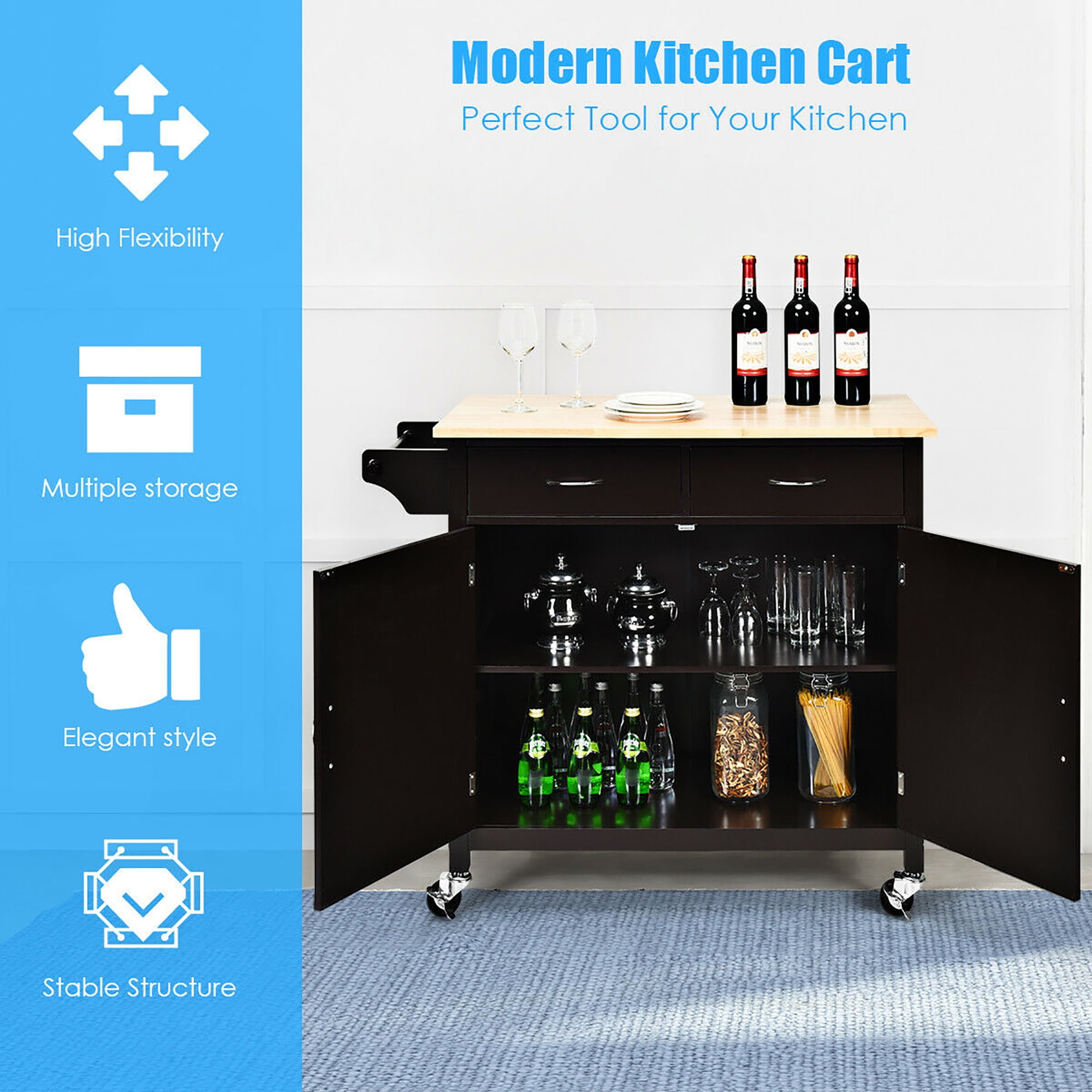 Costway Modern Rolling Kitchen Cart Island Wood Top Storage Trolley Cabinet Utility Brown - Image 2
