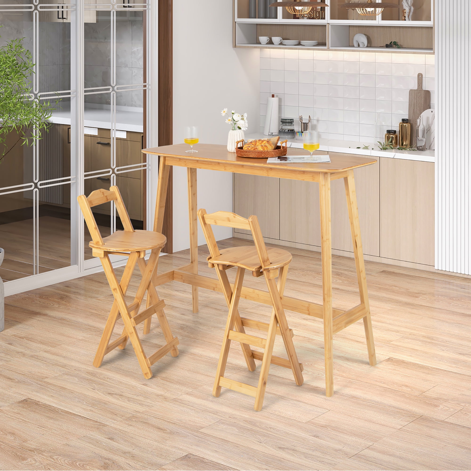 Costway Set of 2 Bamboo Folding Barstools Counter Height Dining Chairs Installation Free - Image 2