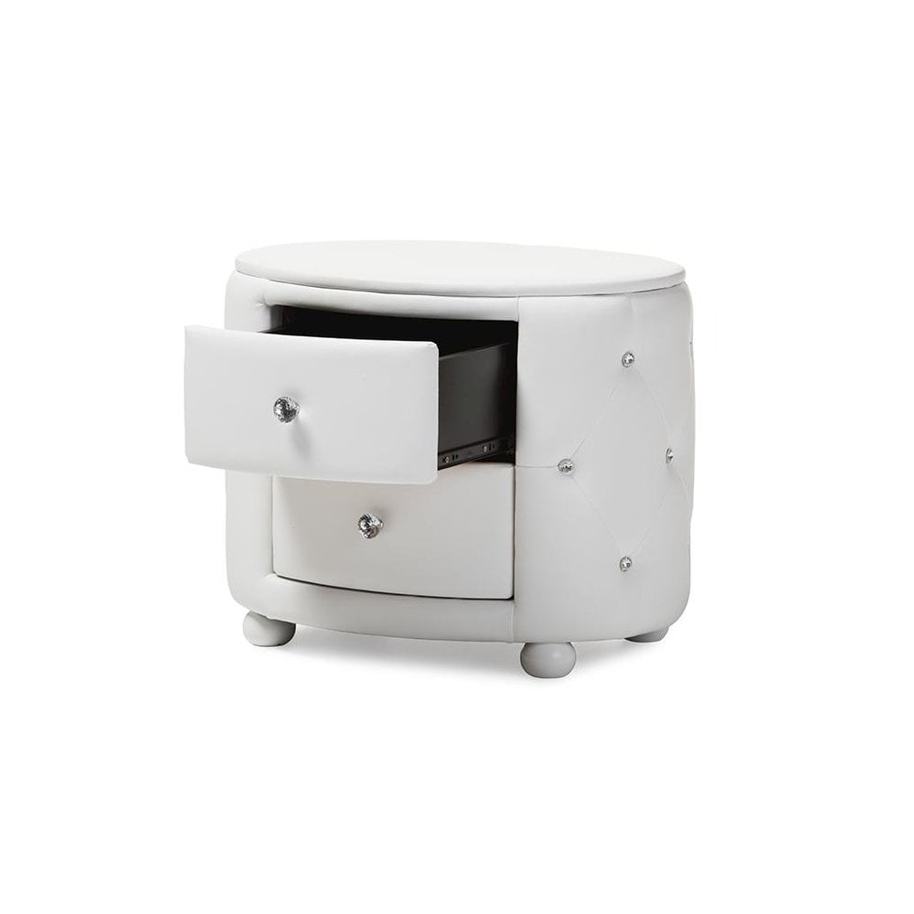 Davina Hollywood Glamour Style Oval 2-drawer White Faux Leather Nightstand - Image 5