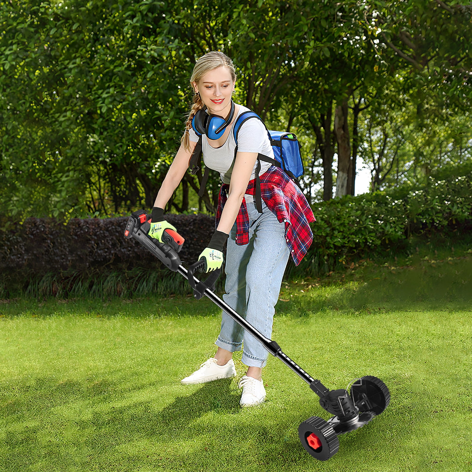 G·PEH Electric Weed Wacker Battery Powered,Cordless String Trimmer Edger with Wheels,Electric Weed Eater Cutter Lawn Mower Edger Tool,Adjustable Handle,3 Function Blades Cutter for Yard and Garden - Image 4