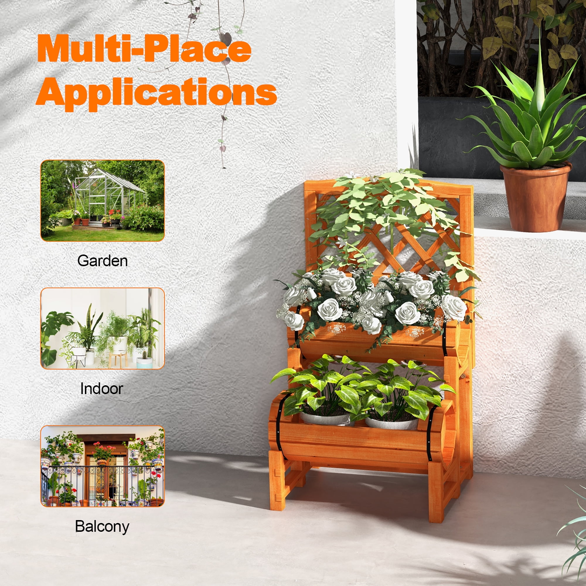 Gymax 2-Tier Wooden Raised Garden Bed Container w/2 Cylindrical Planter Boxes & Trellis - Image 3