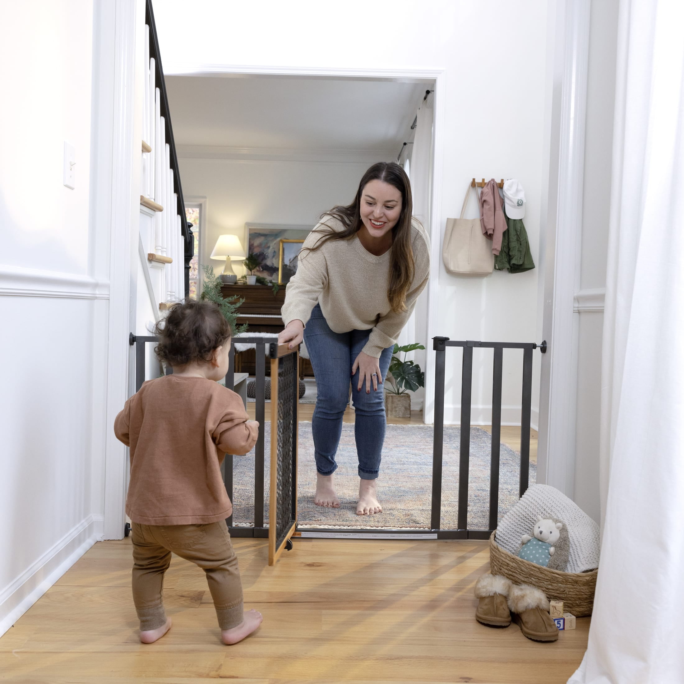 Ingenuity Thruway 60XW Series Pet and Baby Gate, Honey Oak Stained Wood and Metal, Openings from 30-60" Wide, Ages 6-24 Months - Image 4