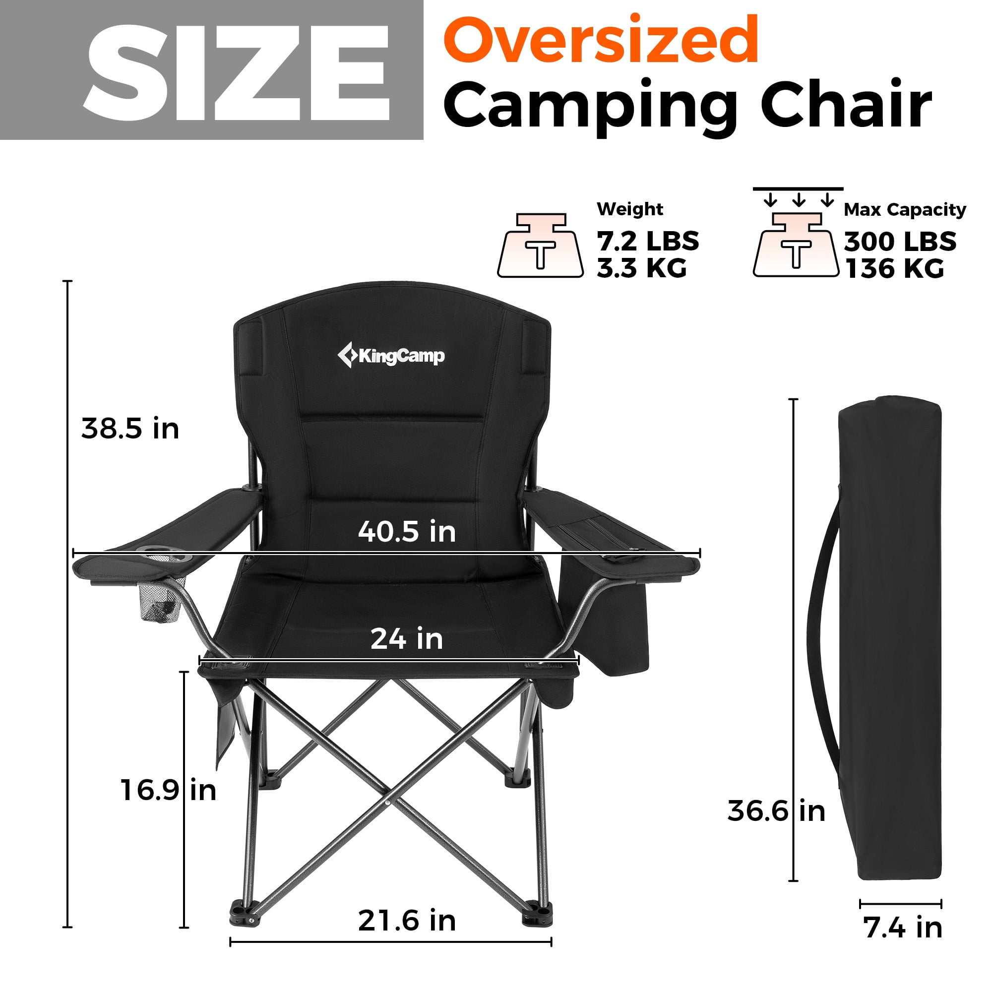 KingCamp Oversized Camping Chairs Heavy Duty Padded Folding Lawn Chair Support 300 lbs for Adults Outdoor Fishing Sports Black - Image 3