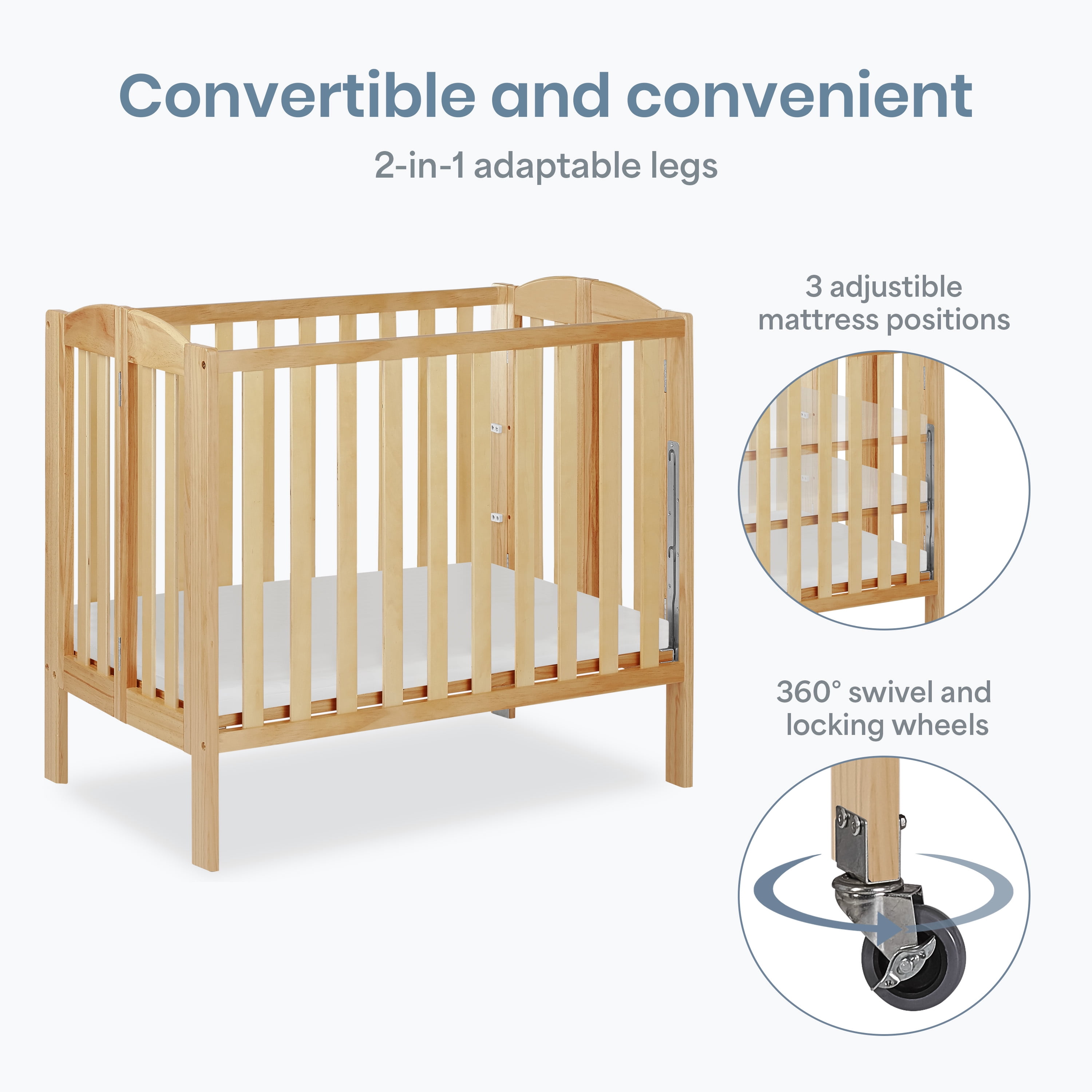 Dream On Me Birch 3-in-1 Folding Portable Mini Crib, Natural - Image 5
