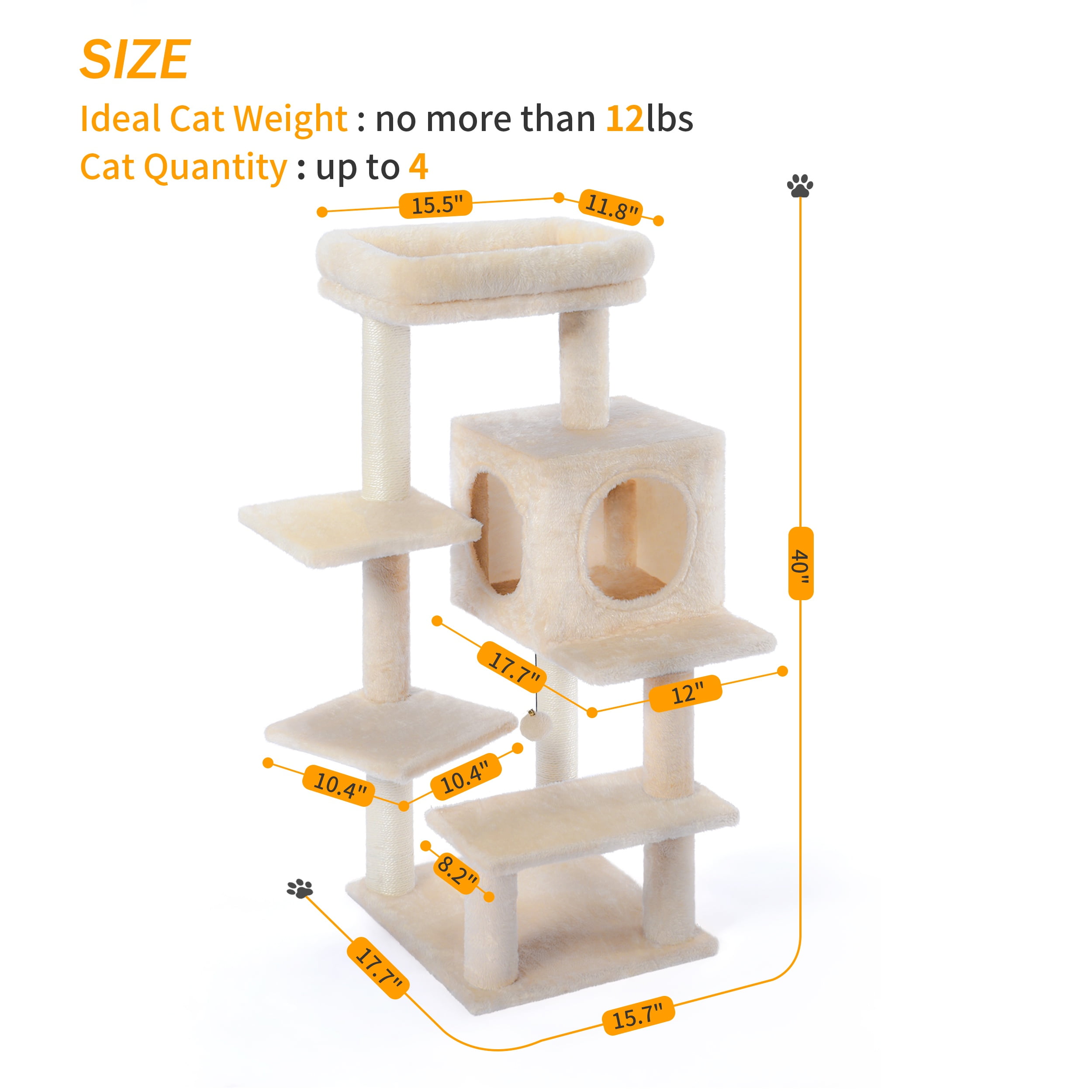Vibrant Life 40inch Multi-Level Cat Tree Tower with Scratching Post and Cozy Condo, Cream - Image 2