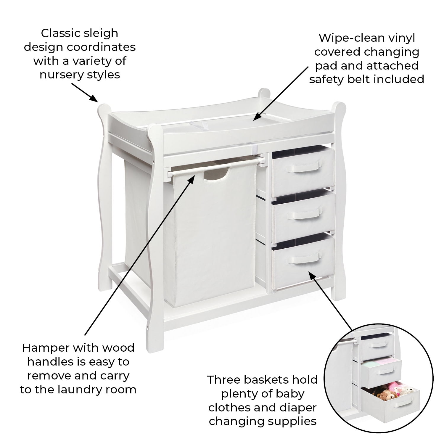Badger Basket Sleigh Style 3 Drawers Diaper Changing Table with Hamper and Baskets, White - Image 4