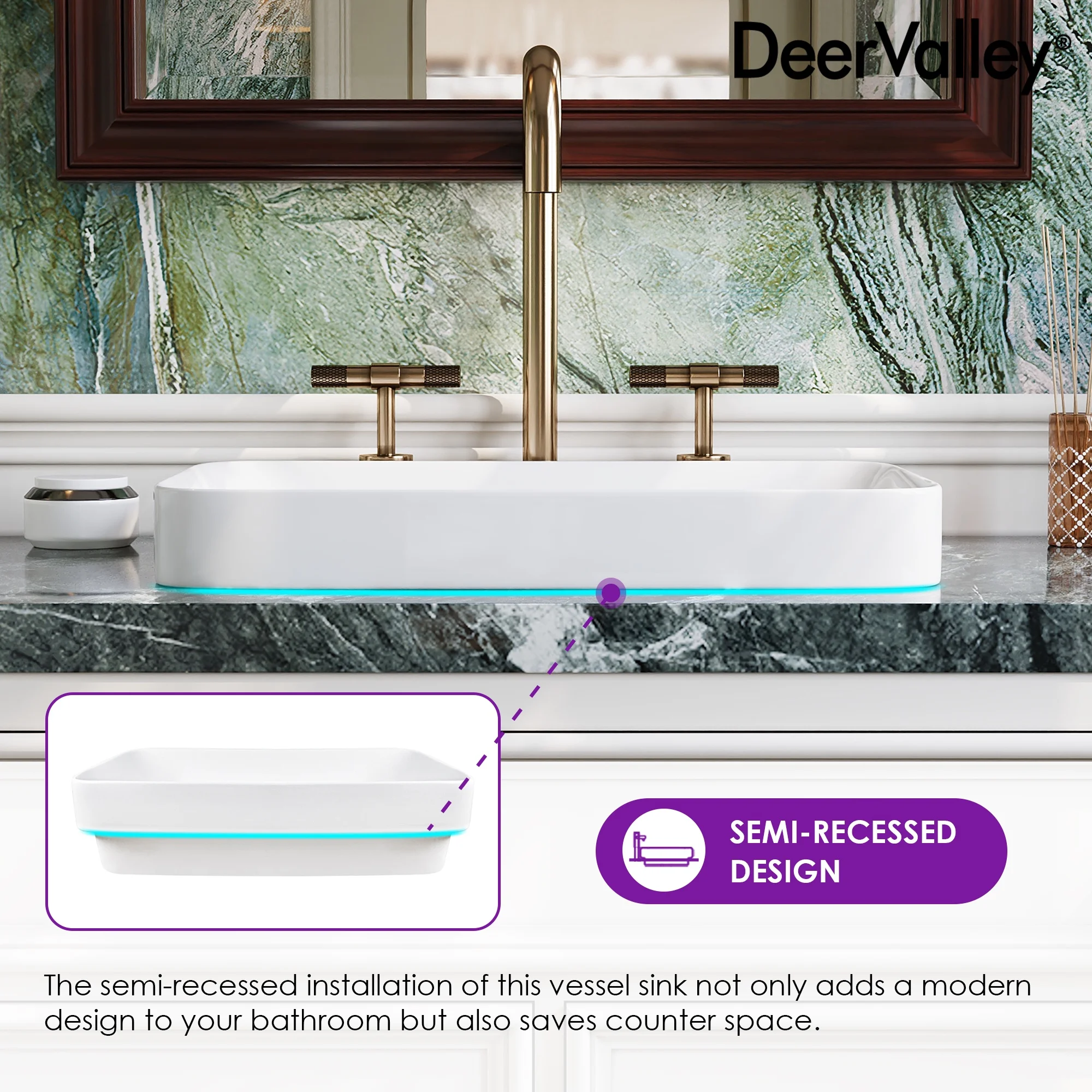 DV-1V0047 DeerValley Ally 19'' x 12'' Drop-In Bathroom Sink Semi-Recessed Vessel Sink Rectangular Above Counter Basin - Image 7