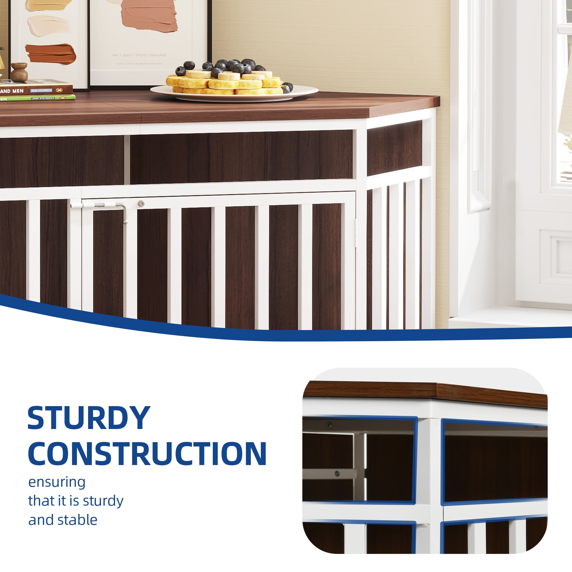 Uforic 52 Inch Heavy Duty Corner Dog Crate Furniture, Large Wooden Dog Kennel End Table for Large Dogs - White & Walnut - Image 6