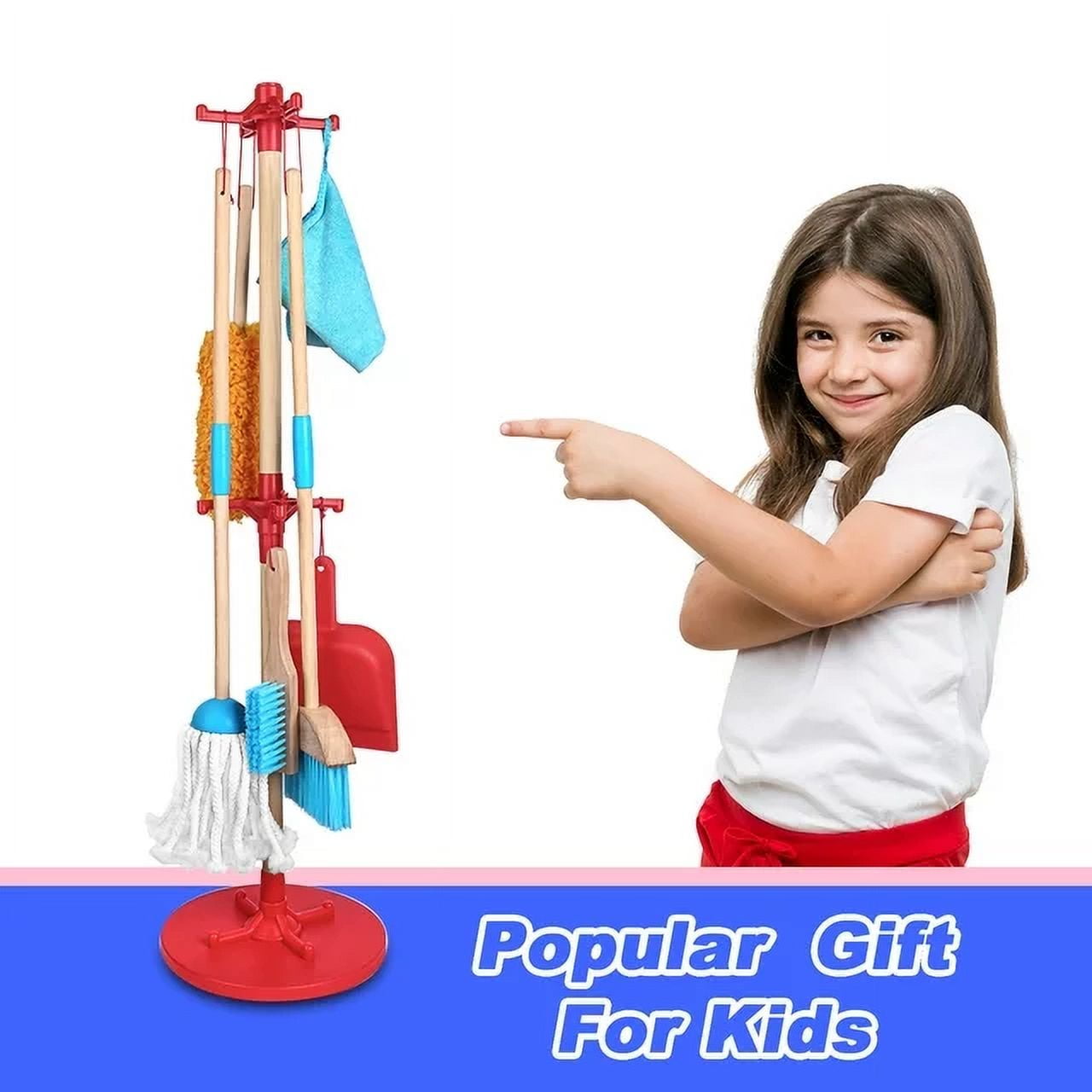 Ant Class Wooden Detachable Kids Cleaning Toy Set, Broom, Mop, Duster, Dustpan, Brush, Rag and Hanging Stand Play, Clean Toys Gift for Girls Boys,Blue - Image 2