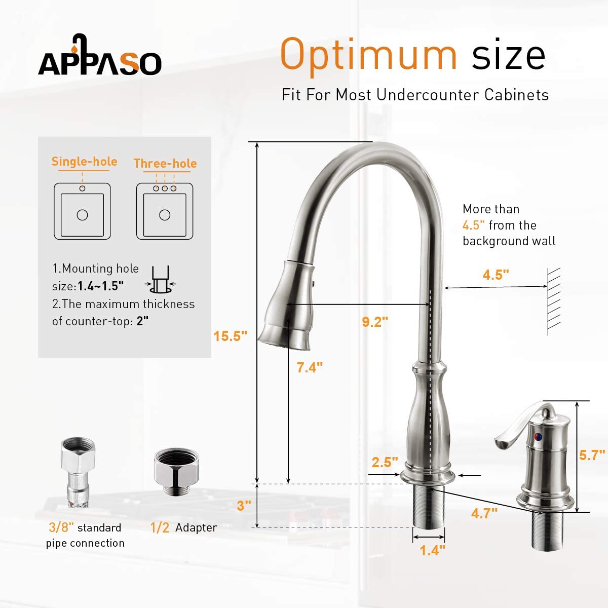 APPASO 3 Hole Kitchen Faucet with Pull Down Sprayer Stainless Steel Brushed Nickel 218BN - Image 7