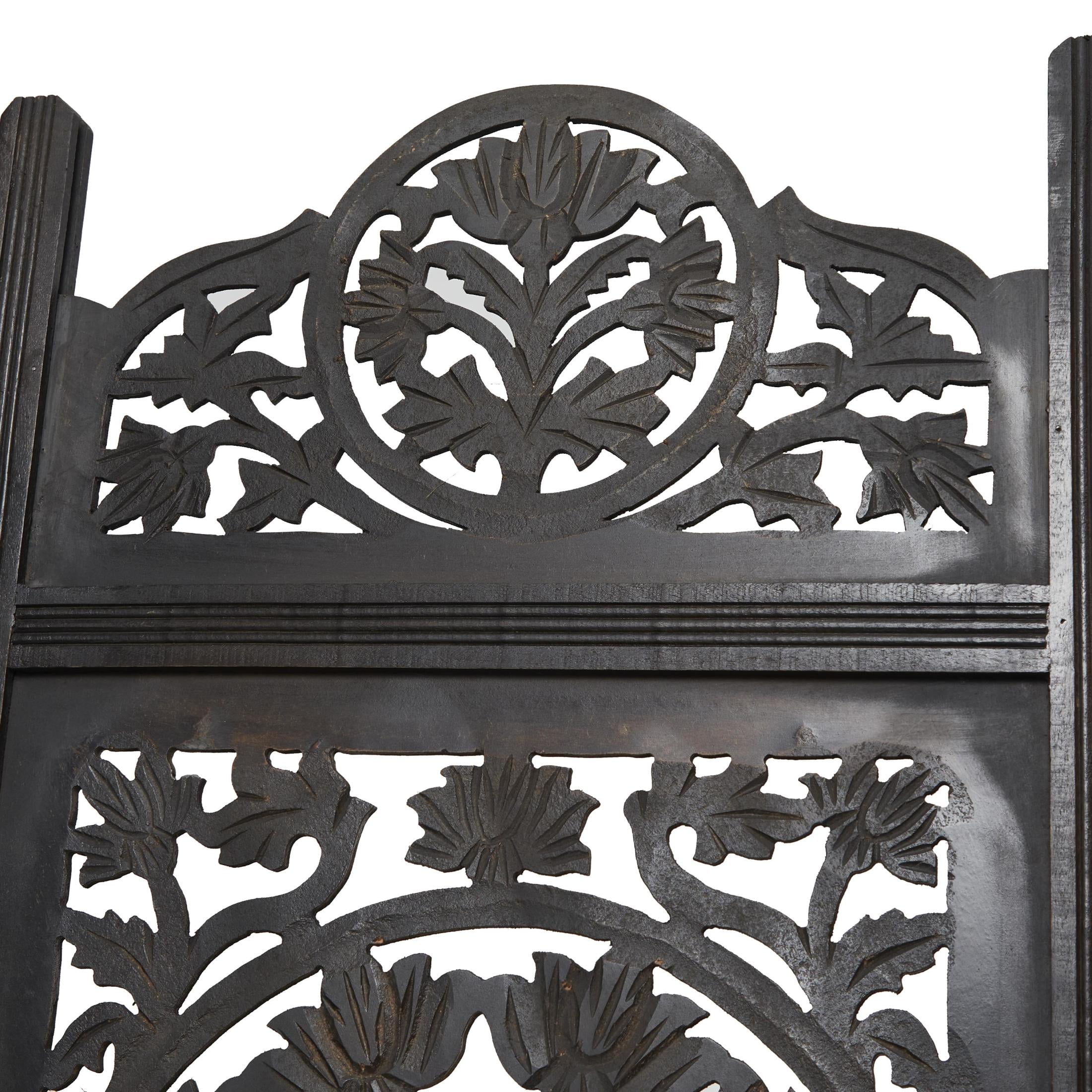 DecMode 80" x 72" Black Wood Floral Handmade Foldable Partition Carved 4 Panel Room Divider Screen, 1-Piece - Image 12