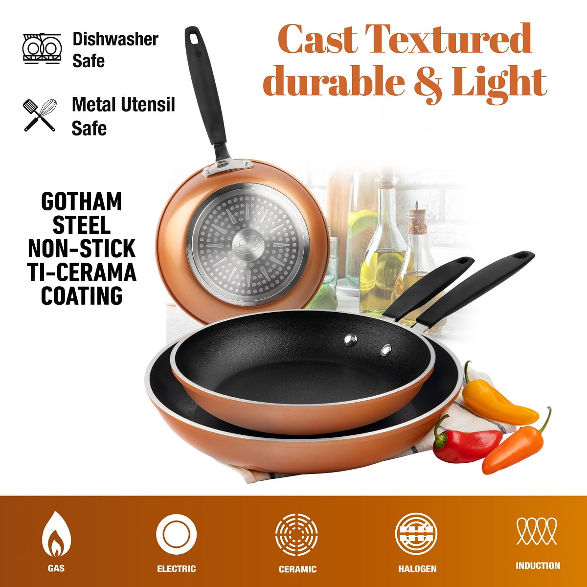 Gotham Steel Diamond Nonstick Frying Pan Set Piece 8" 10 12" Skillets Ceramic Cast Textured Cooking Pan Induction Safe Copper - Image 3